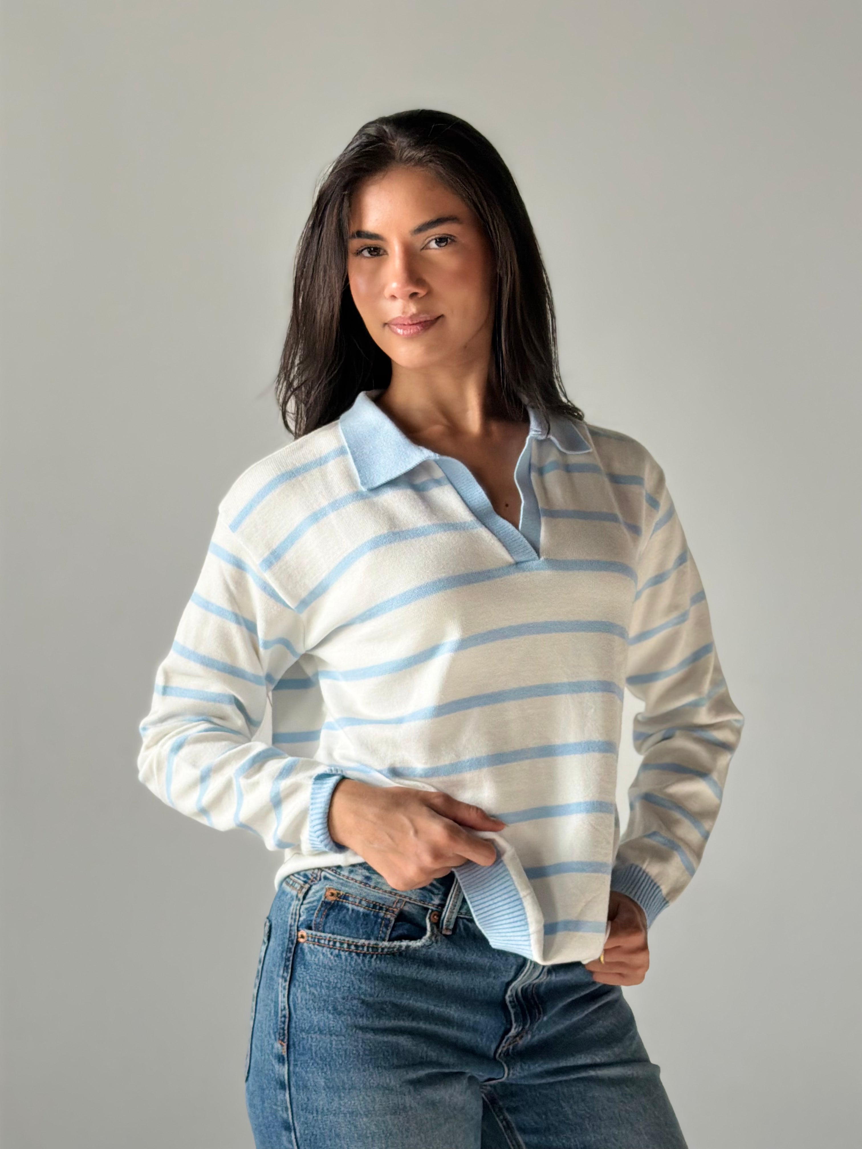 Fine Striped Knit Polo in White x Baby Blue