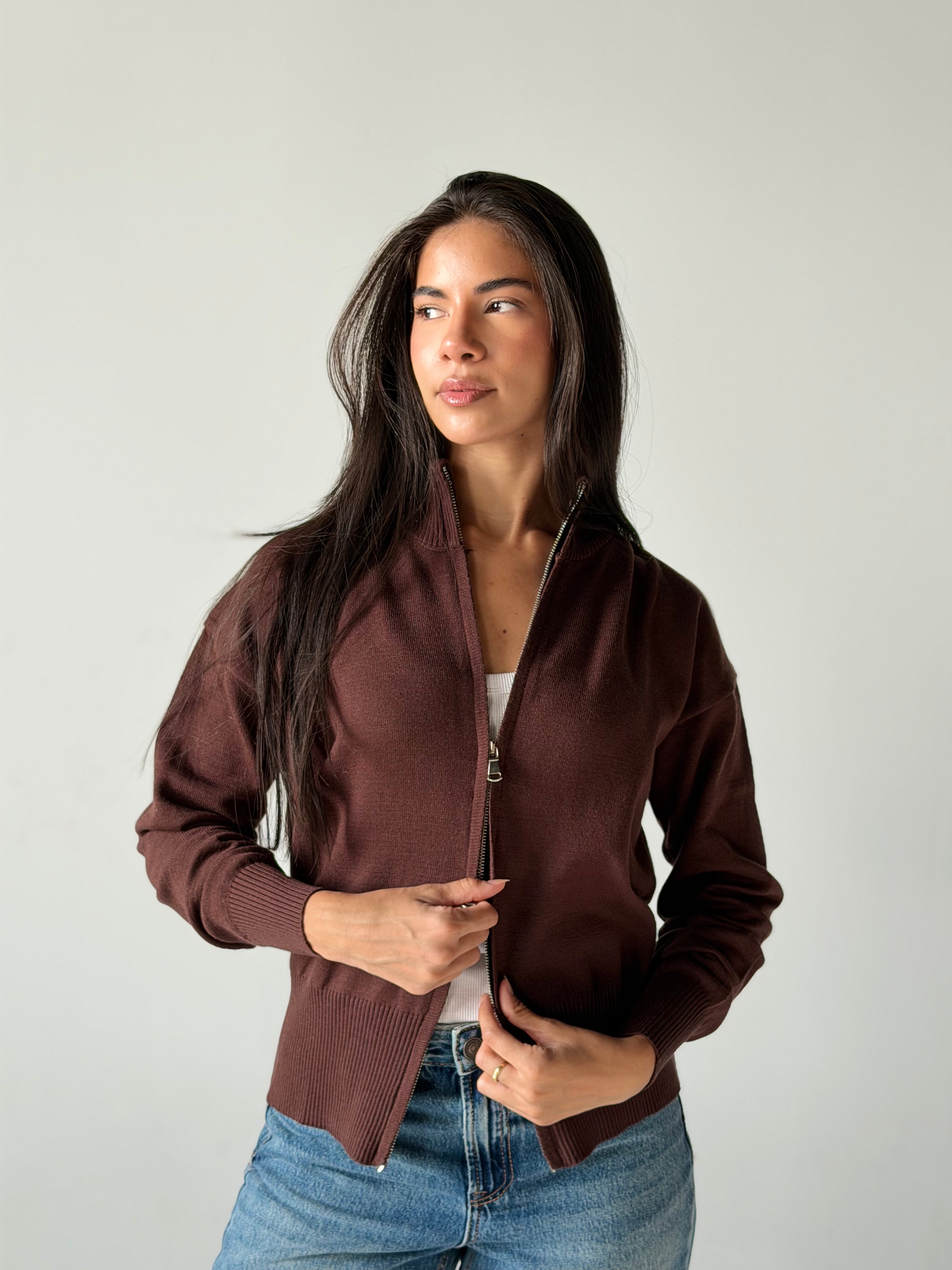 Zip-Up knit Cardigan in Brown