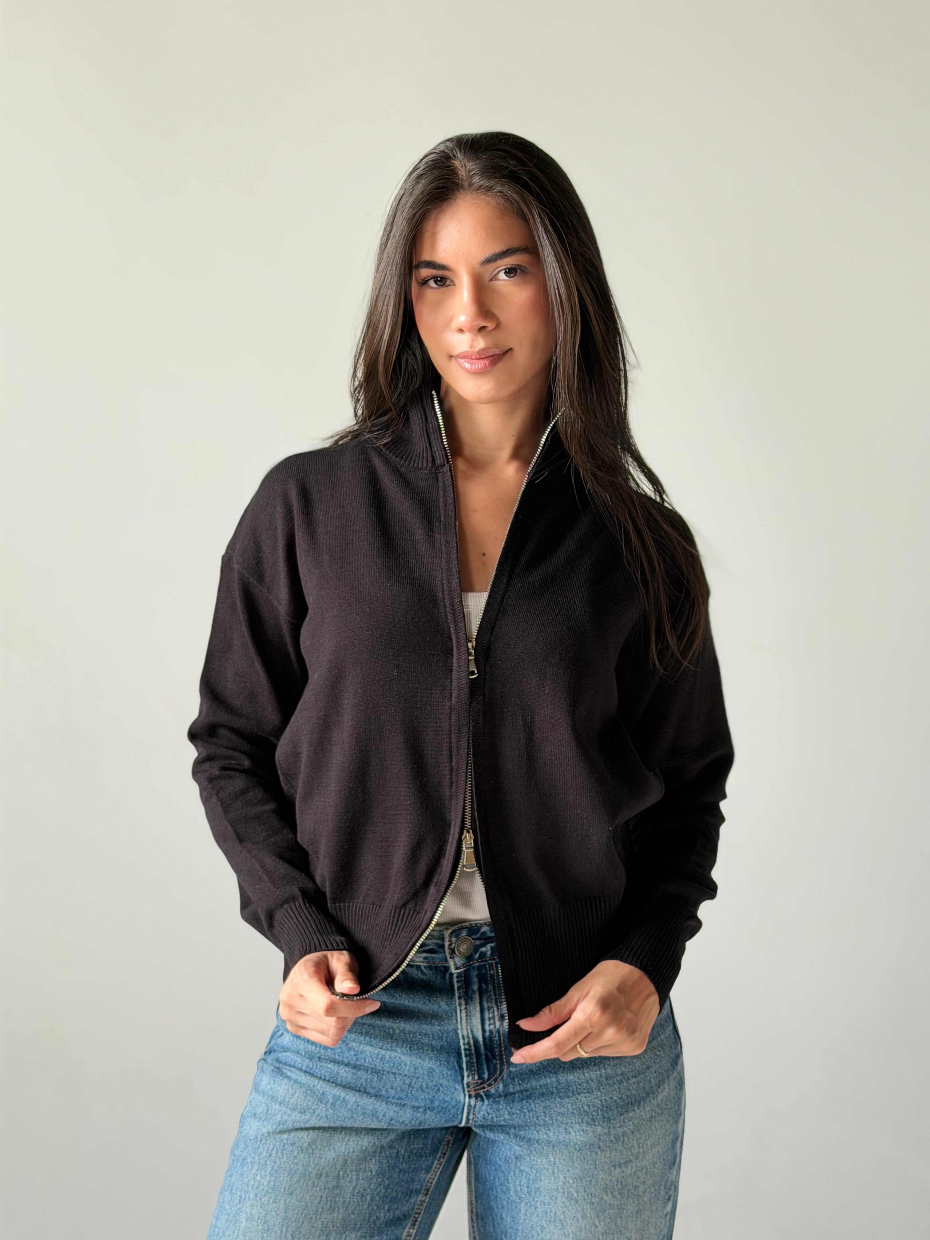 Zip-Up knit Cardigan in Black