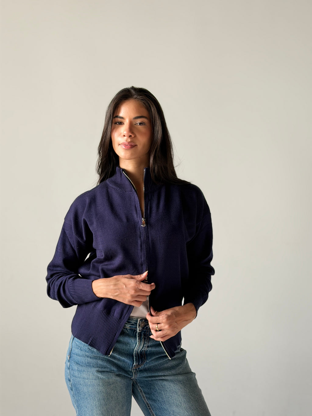 Zip-Up knit Cardigan in Navy Blue