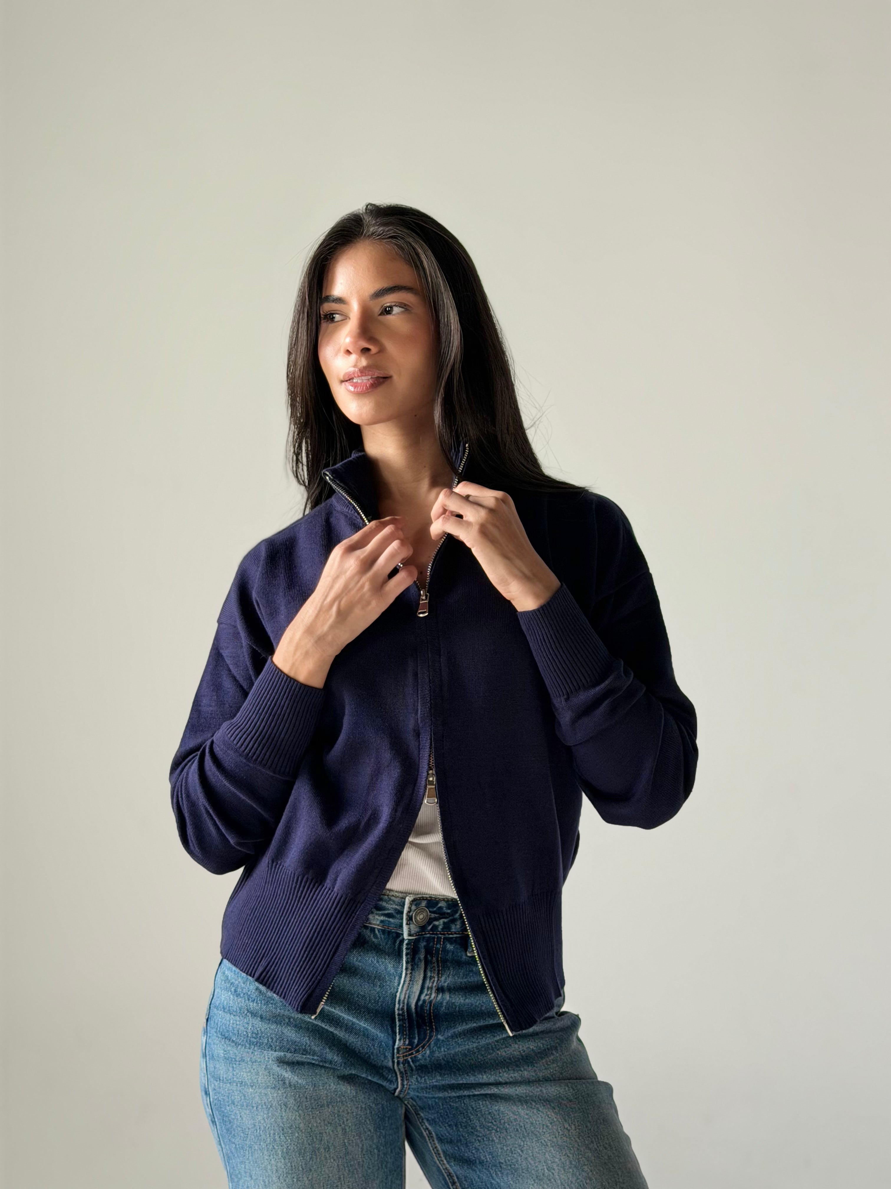 Zip-Up knit Cardigan in Navy Blue