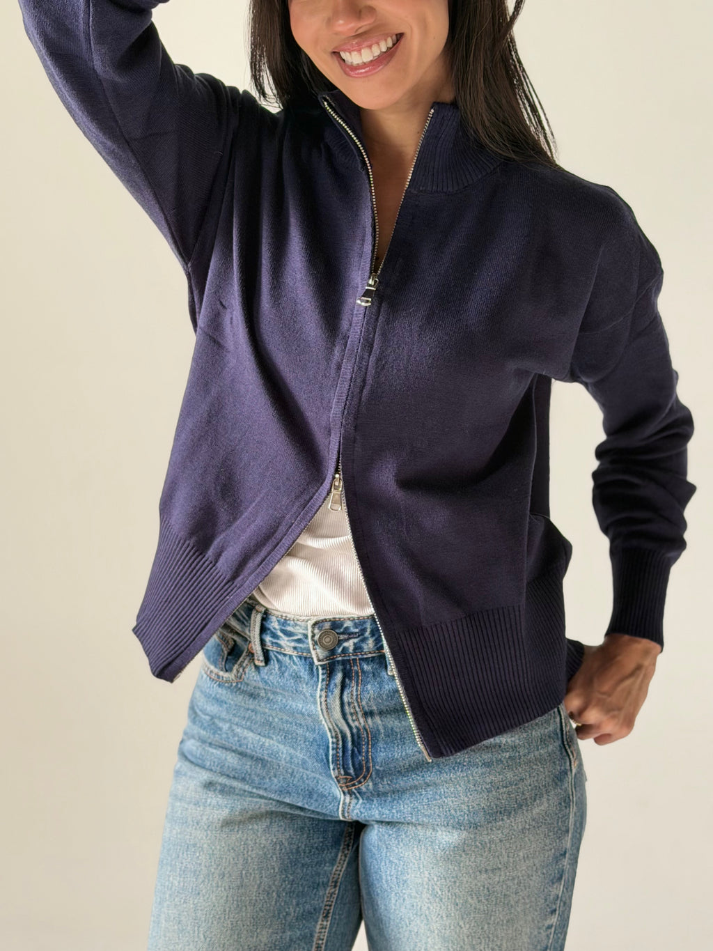 Zip-Up knit Cardigan in Navy Blue