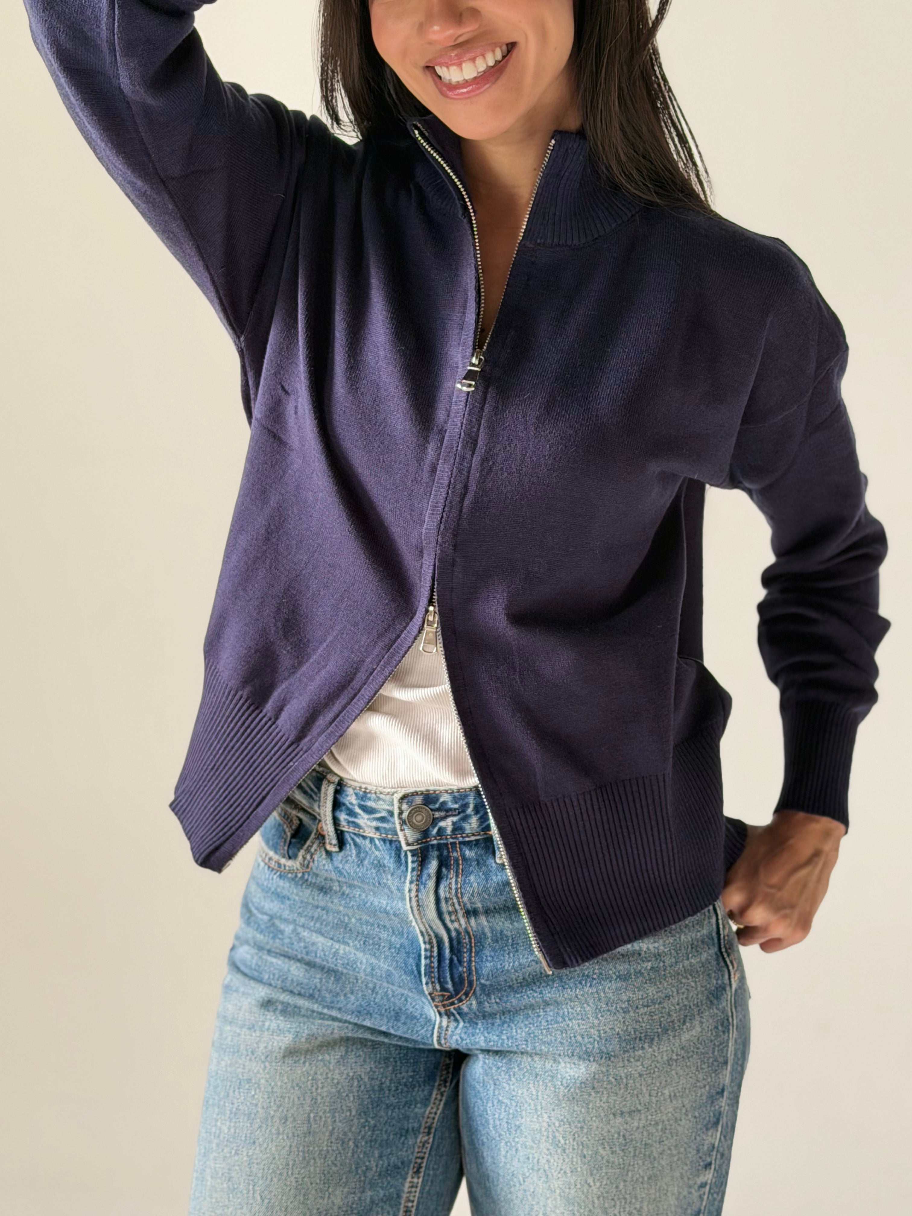 Zip-Up knit Cardigan in Navy Blue