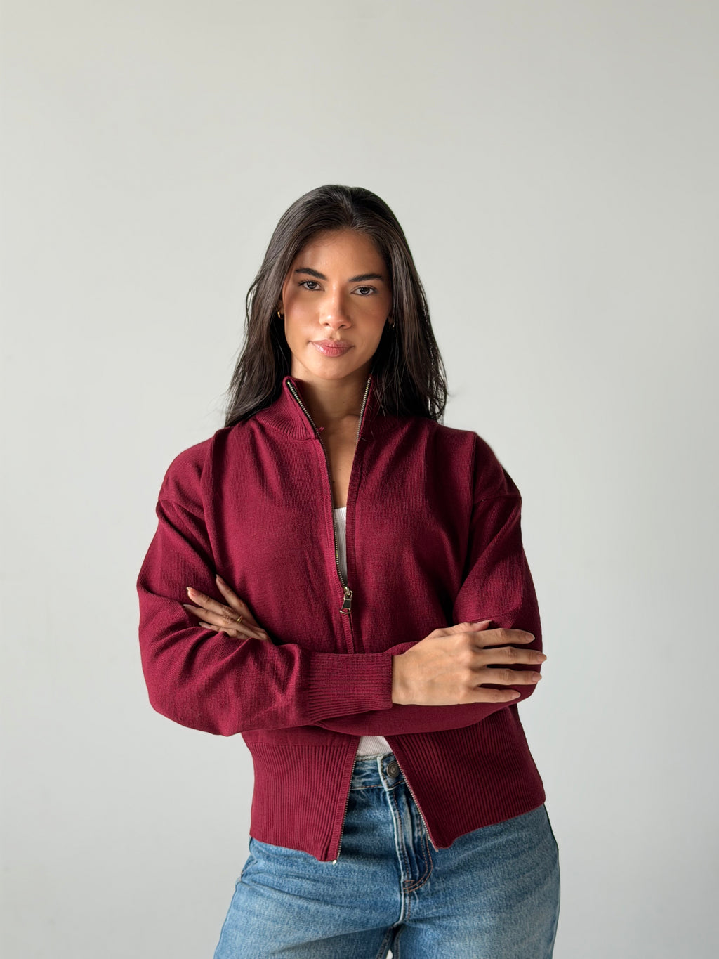 Zip-Up knit Cardigan in Burgundy