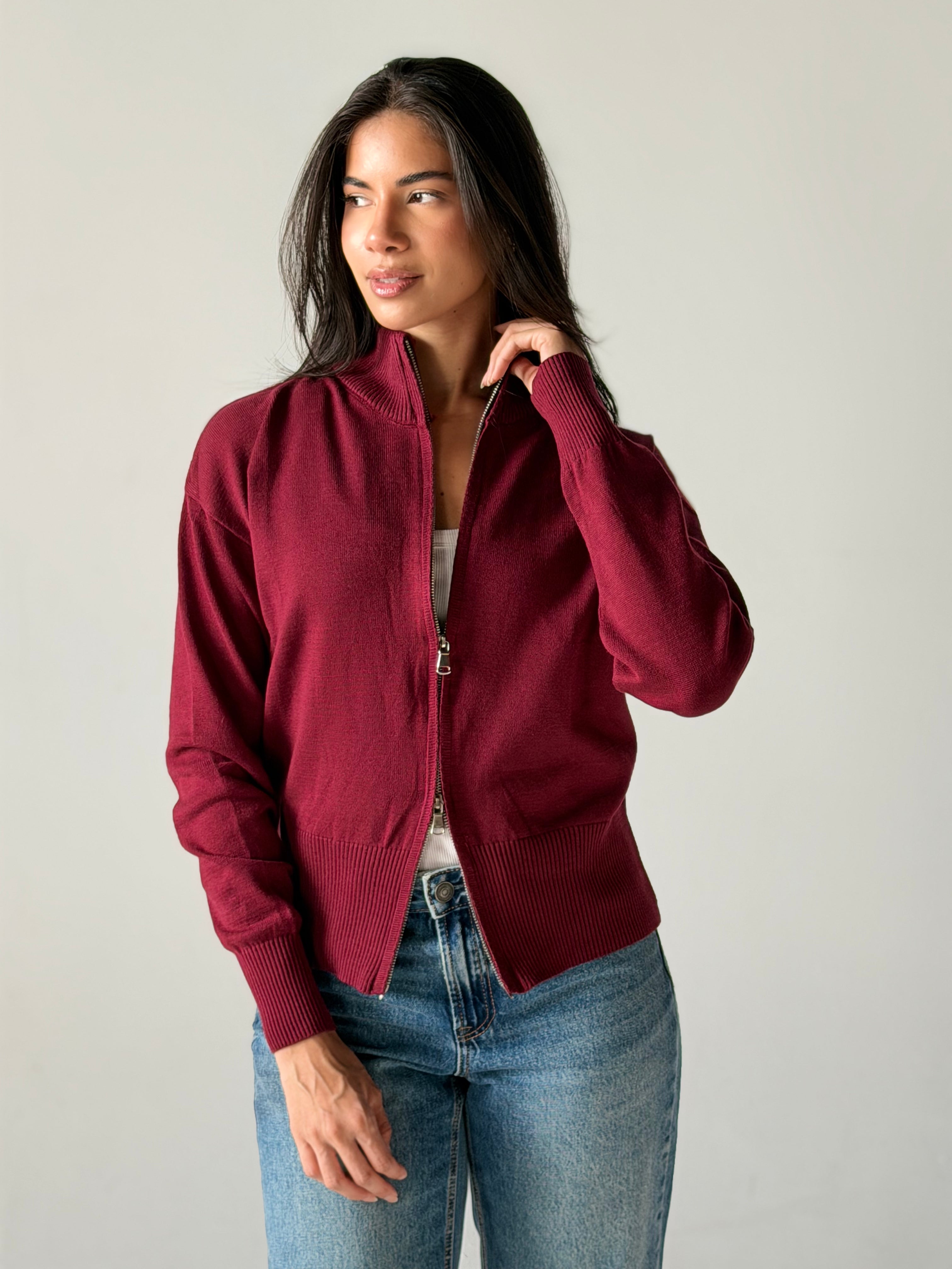 Zip-Up knit Cardigan in Burgundy