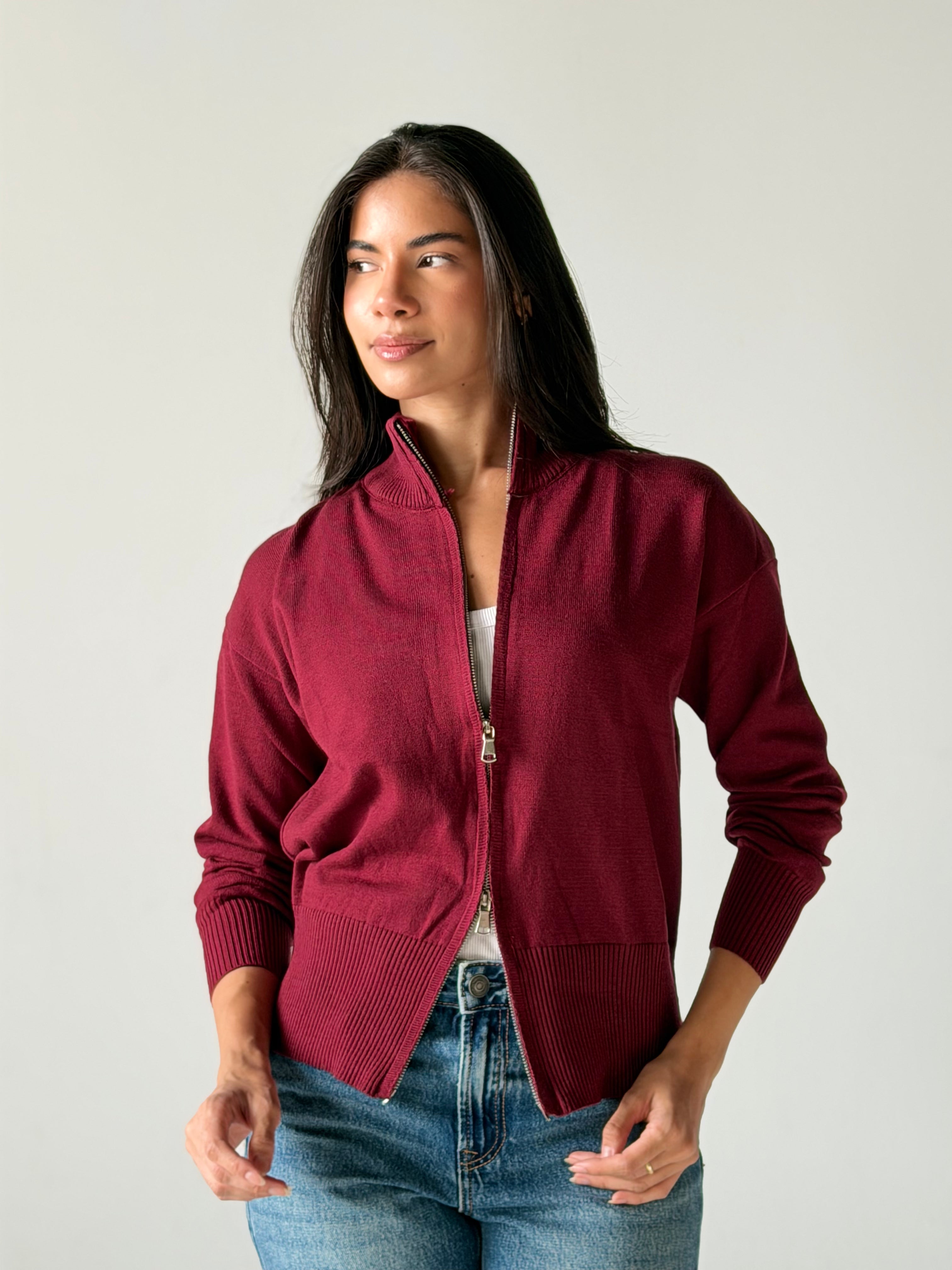 Zip-Up knit Cardigan in Burgundy