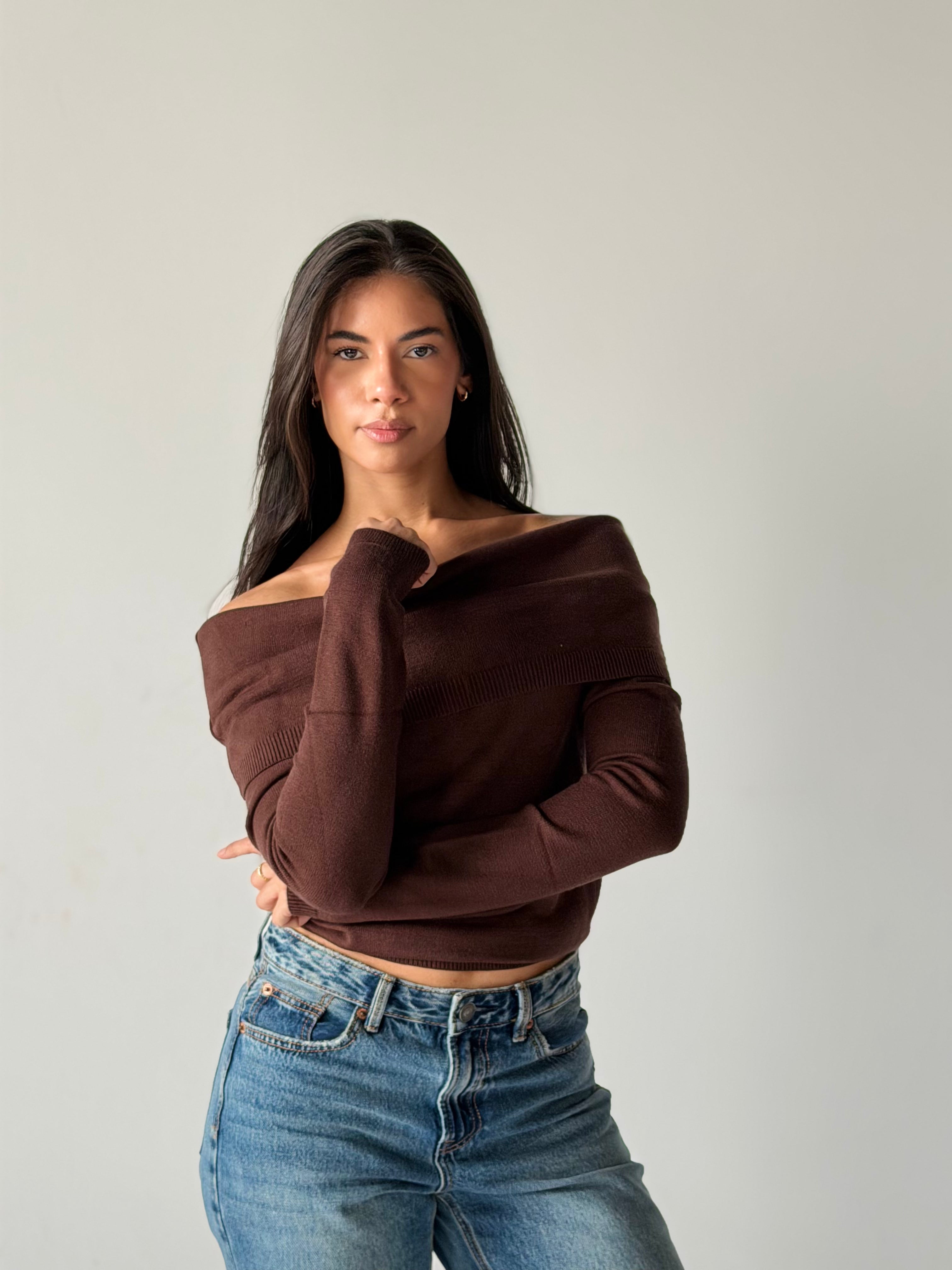 Off-Shoulder Sweater in Brown