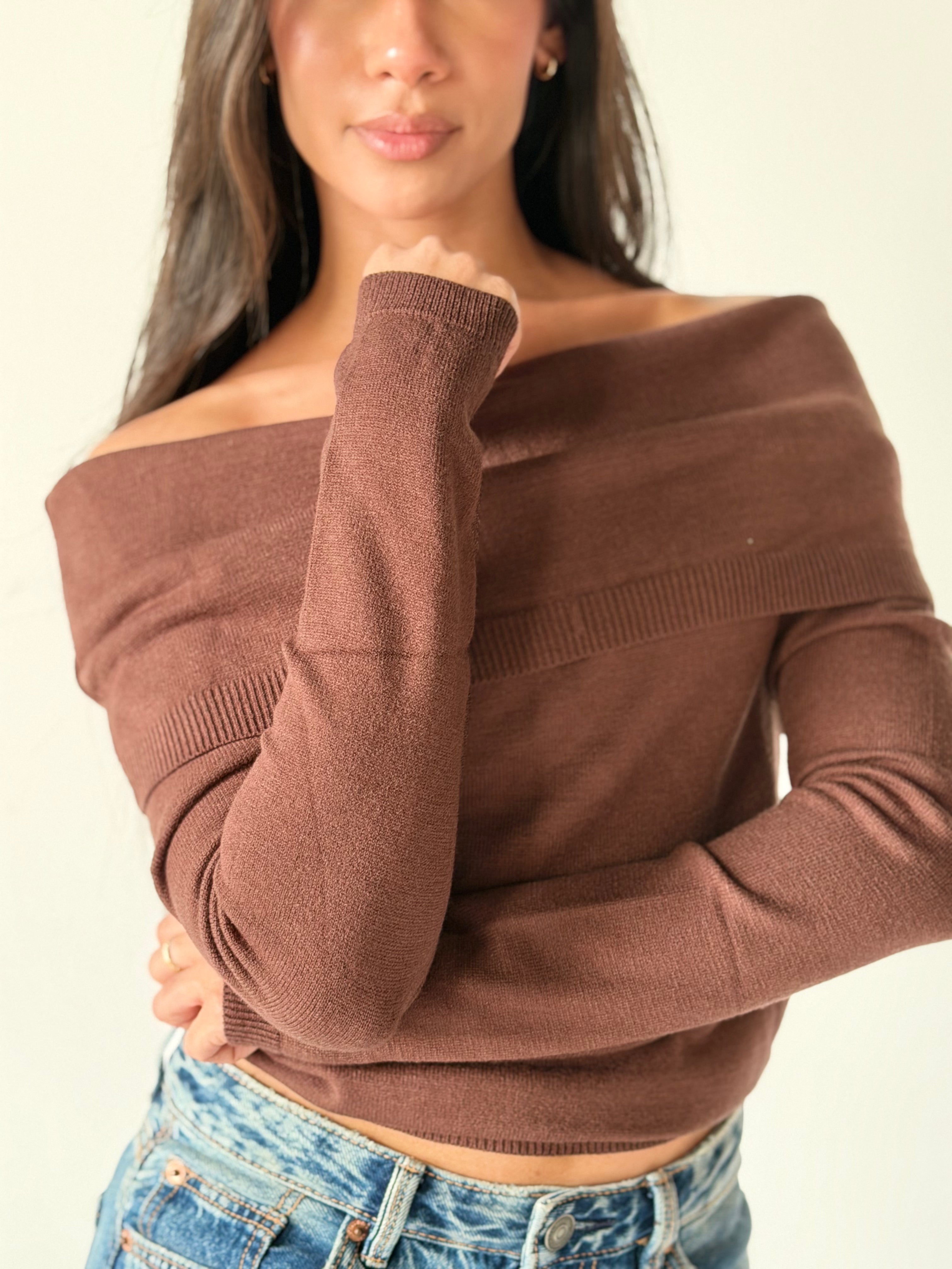 Off-Shoulder Sweater in Brown