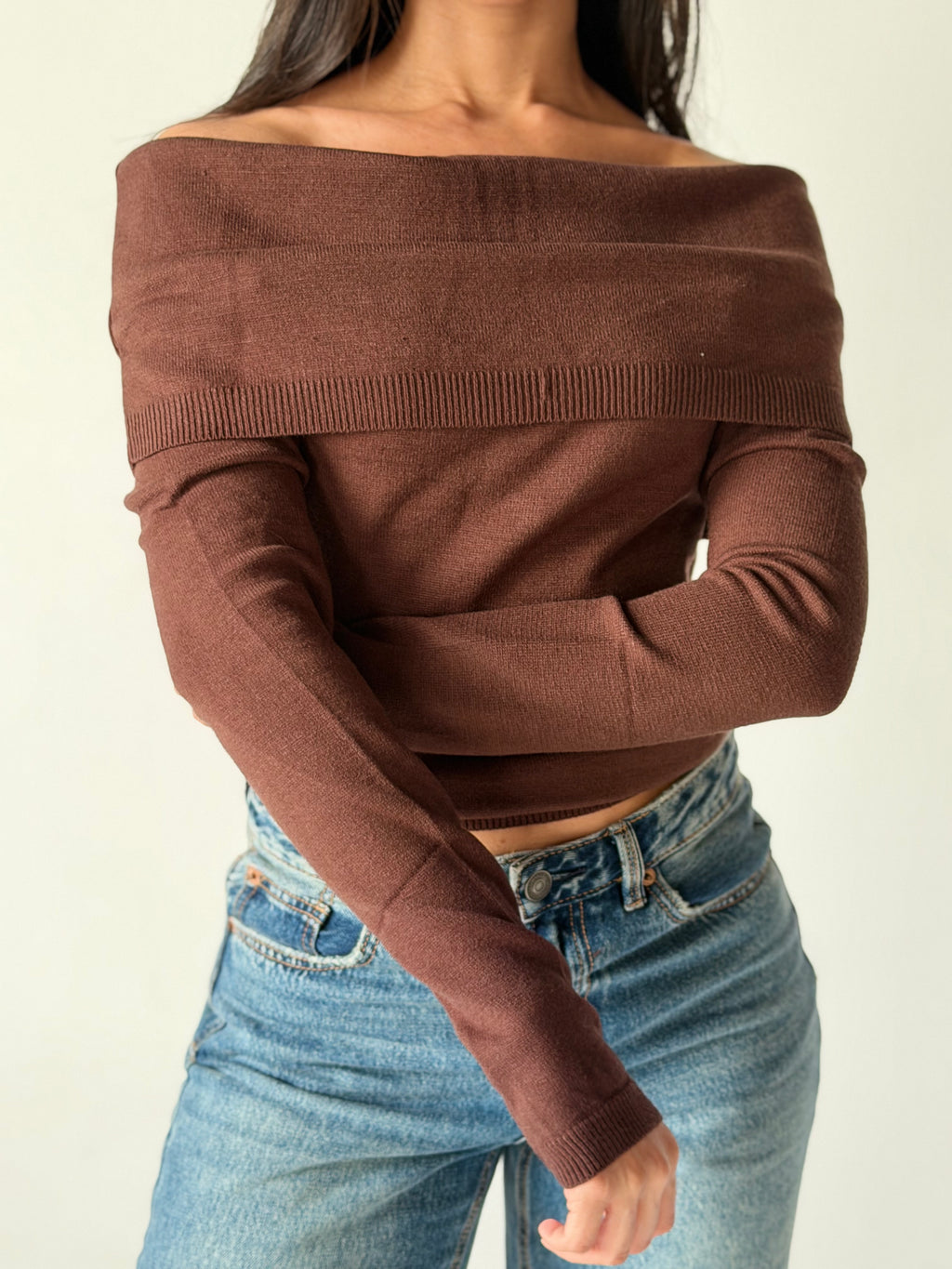 Off-Shoulder Sweater in Brown