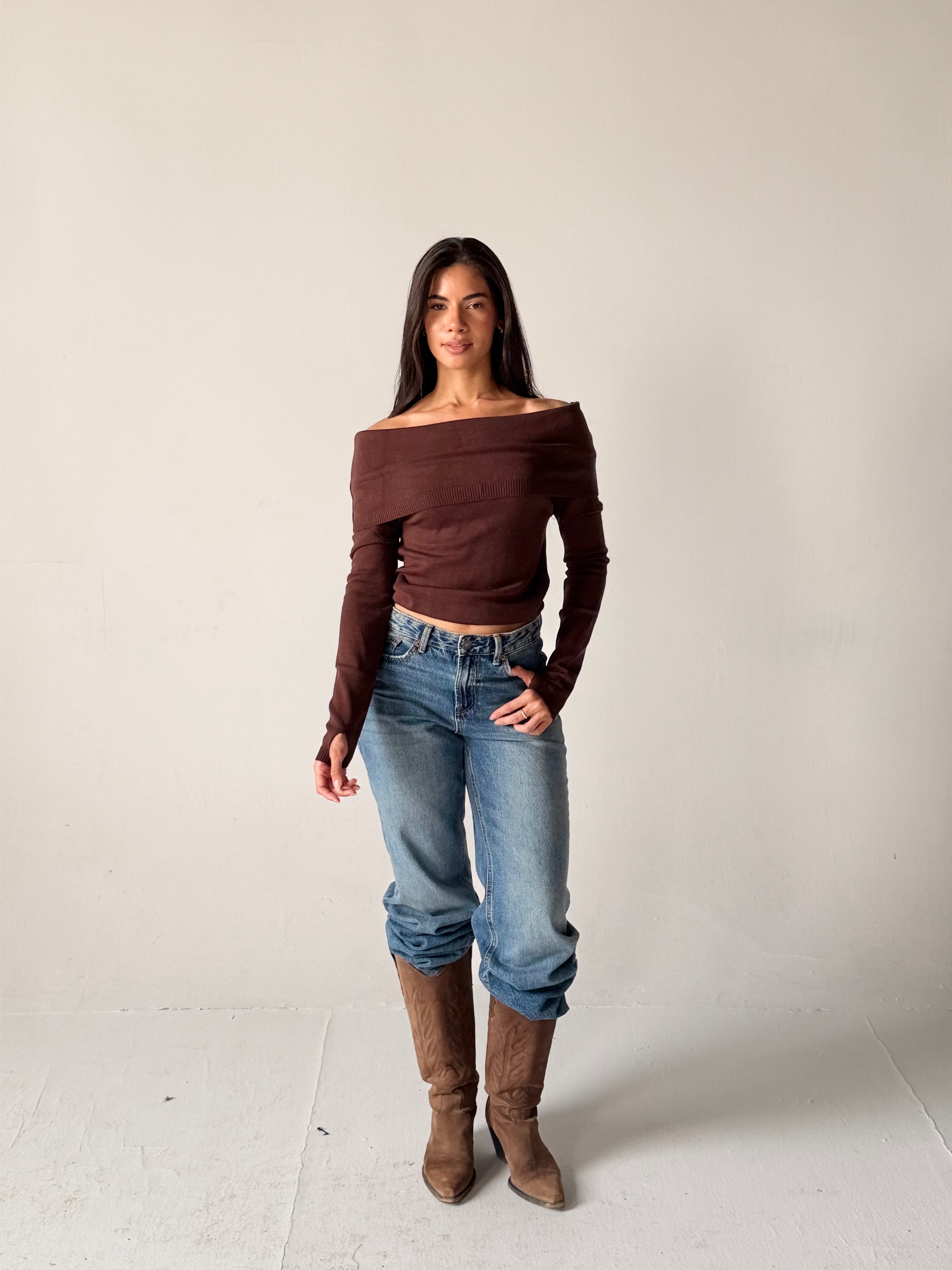 Off-Shoulder Sweater in Brown