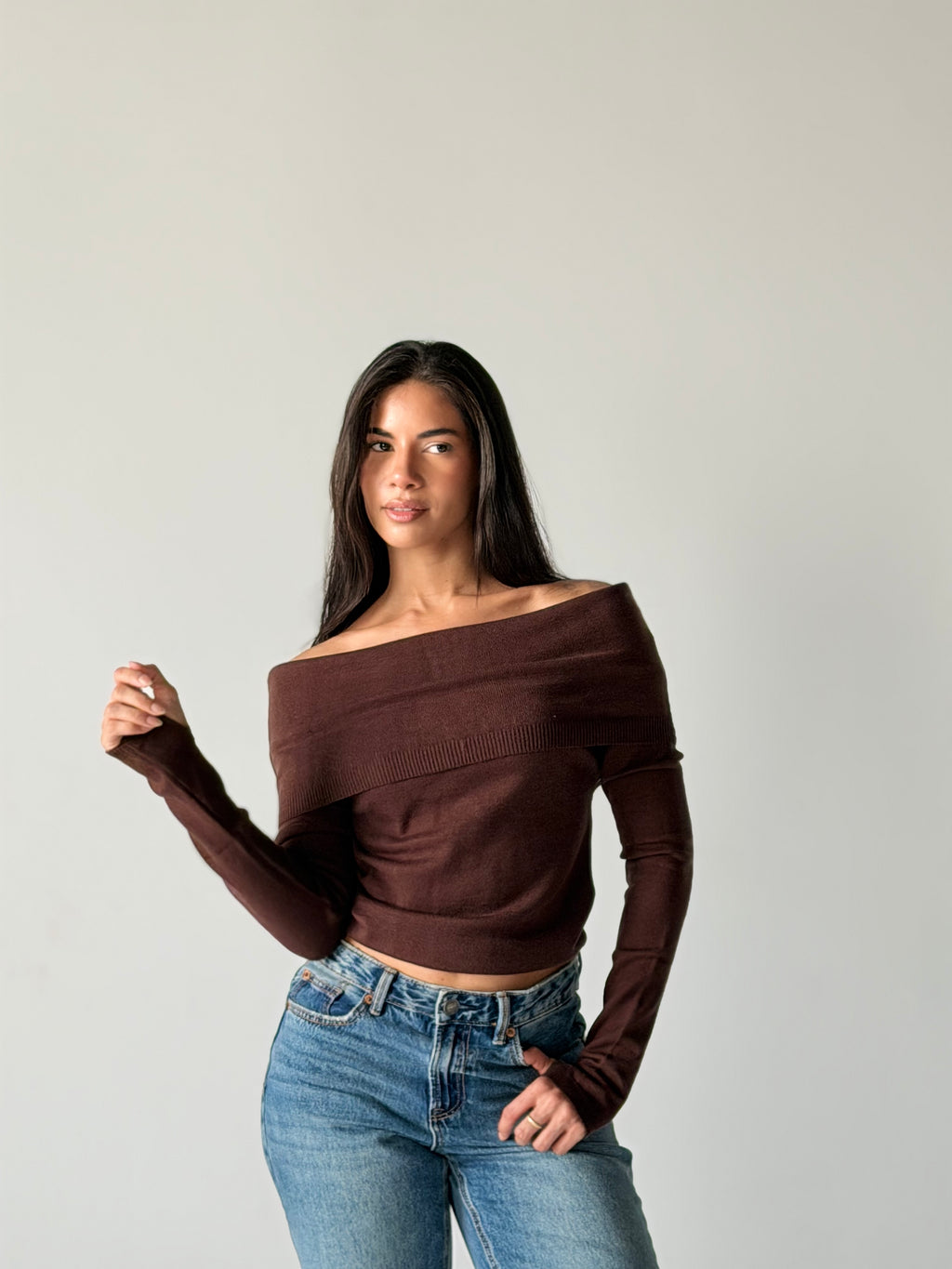 Off-Shoulder Sweater in Brown