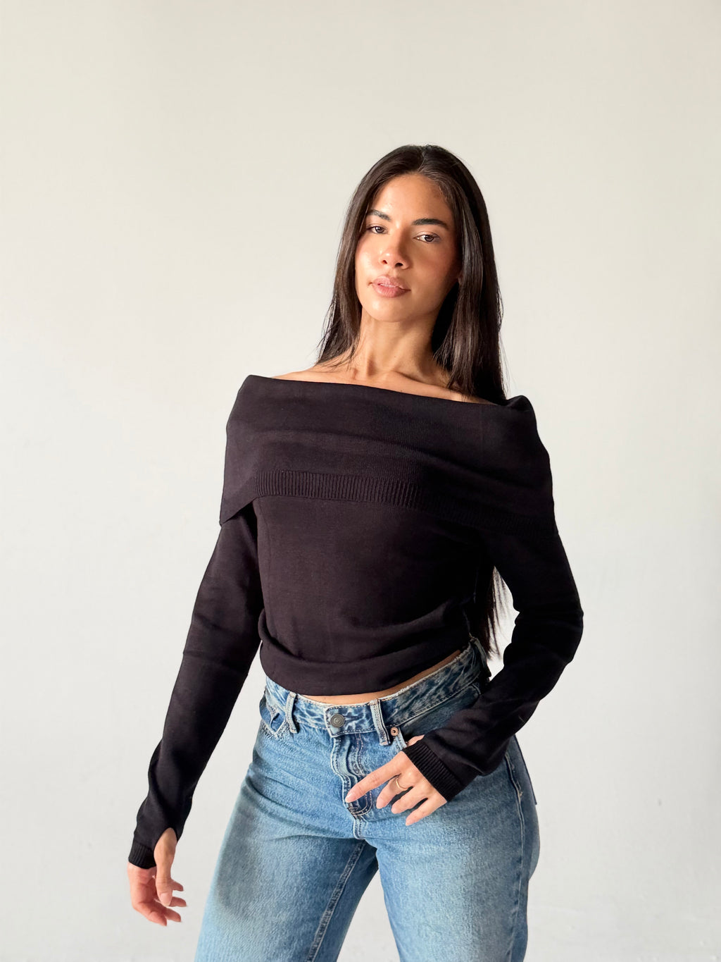 Off-Shoulder Sweater in Black