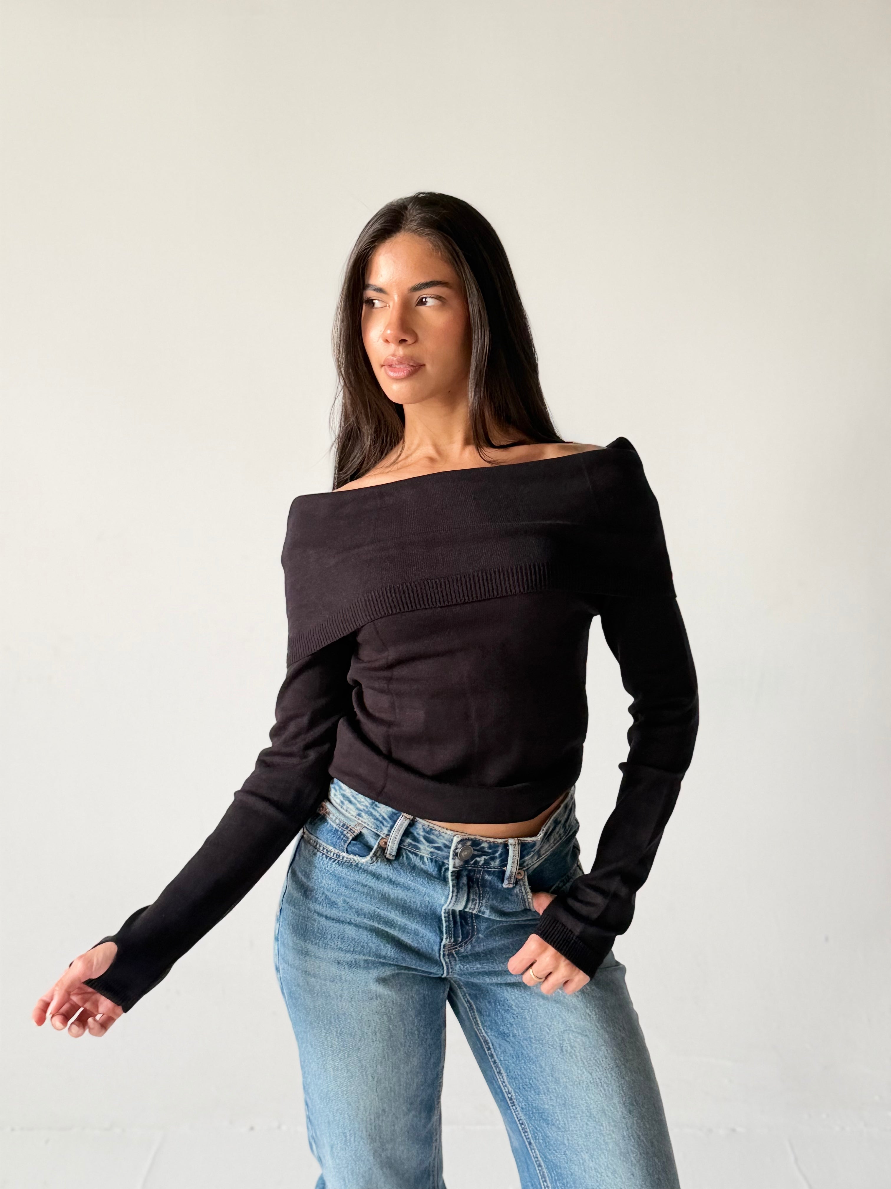Off-Shoulder Sweater in Black