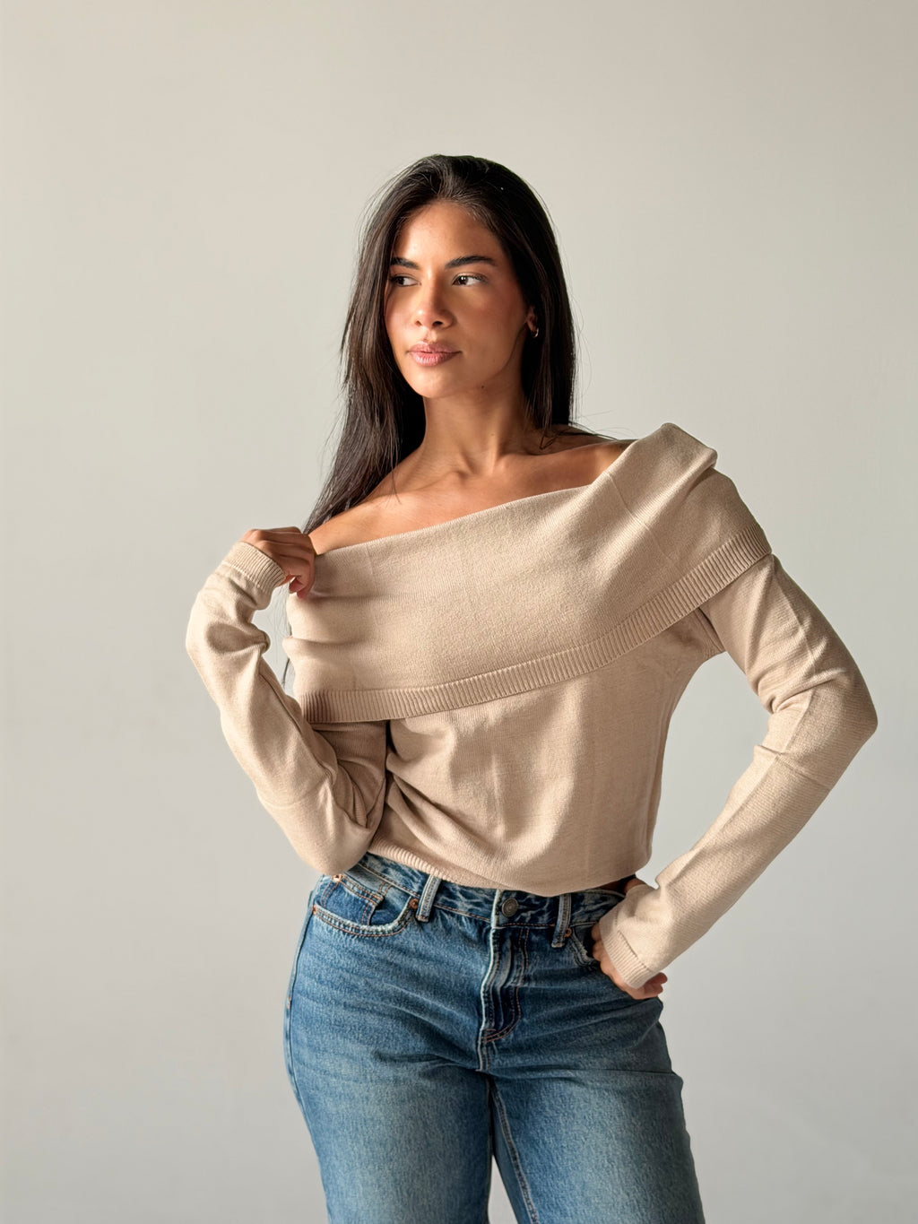 Off-Shoulder Sweater in Beige