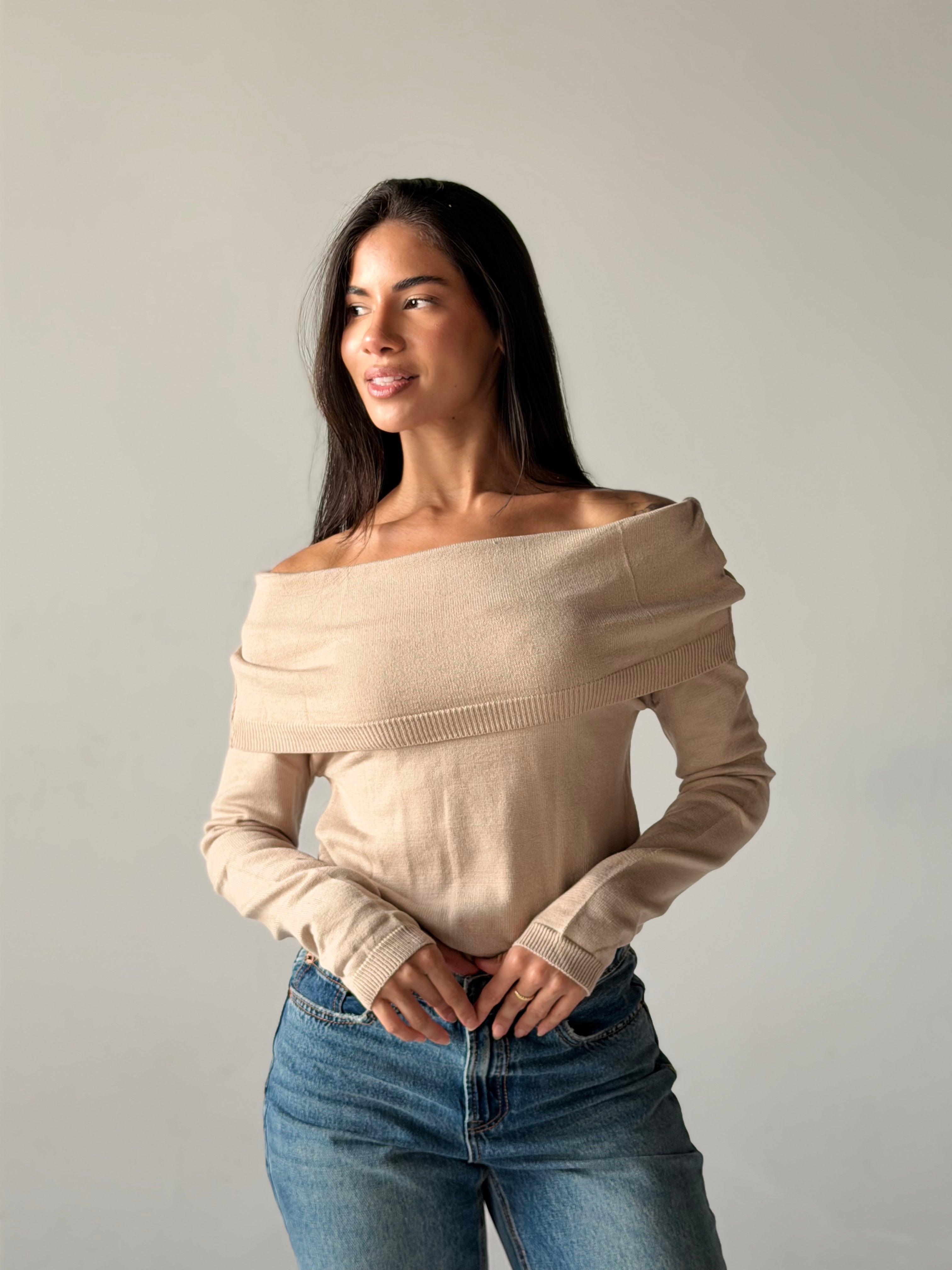 Off-Shoulder Sweater in Beige