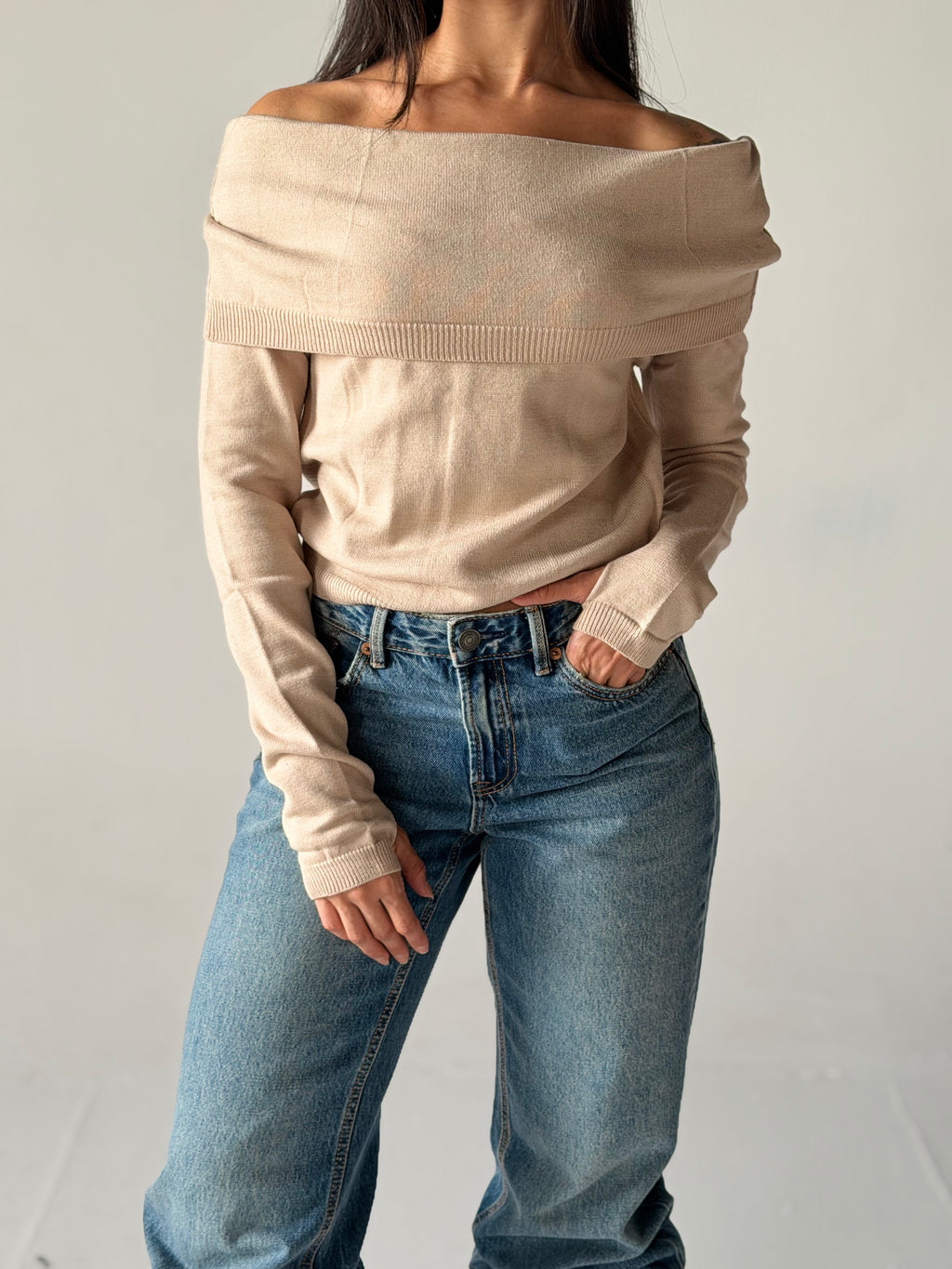 Off-Shoulder Sweater in Beige