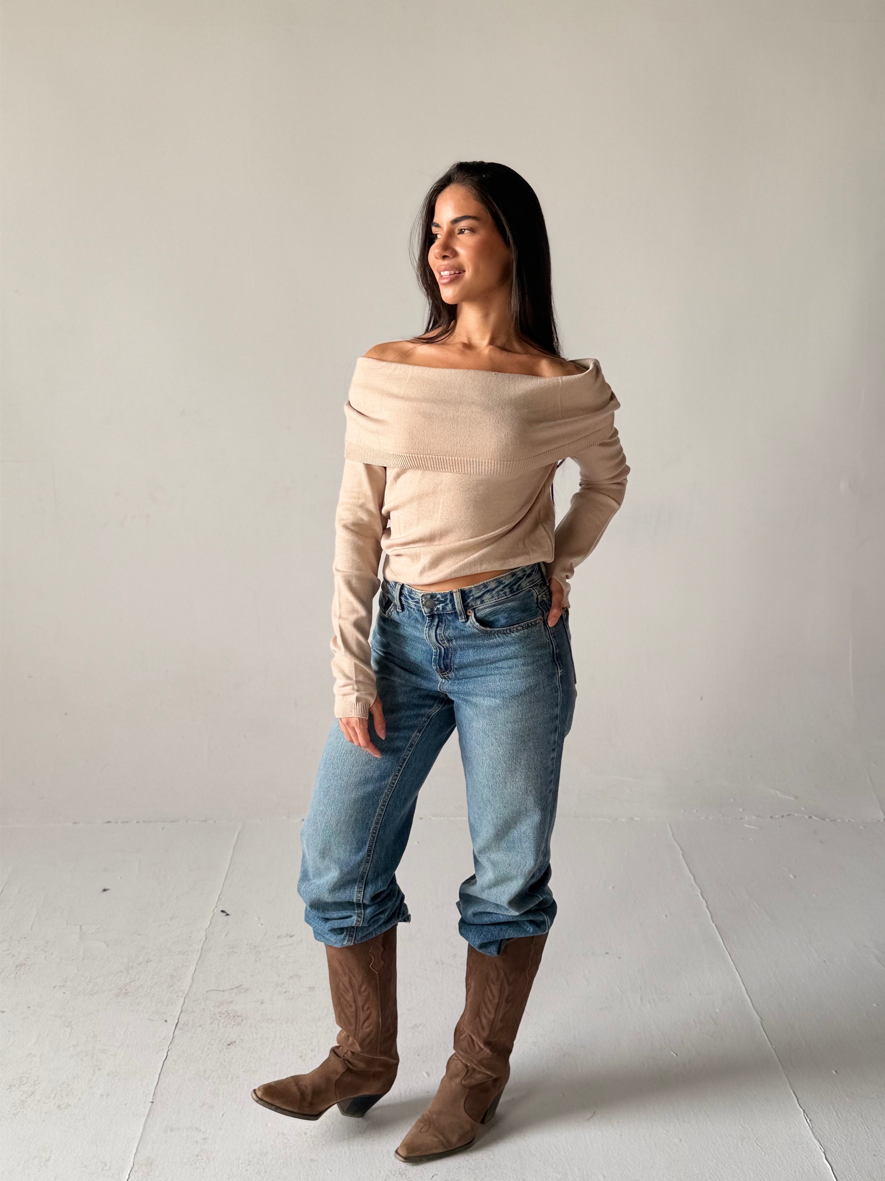 Off-Shoulder Sweater in Beige