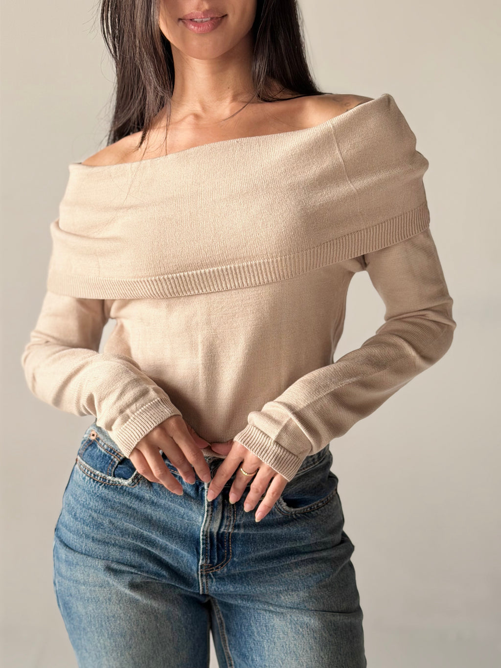 Off-Shoulder Sweater in Beige