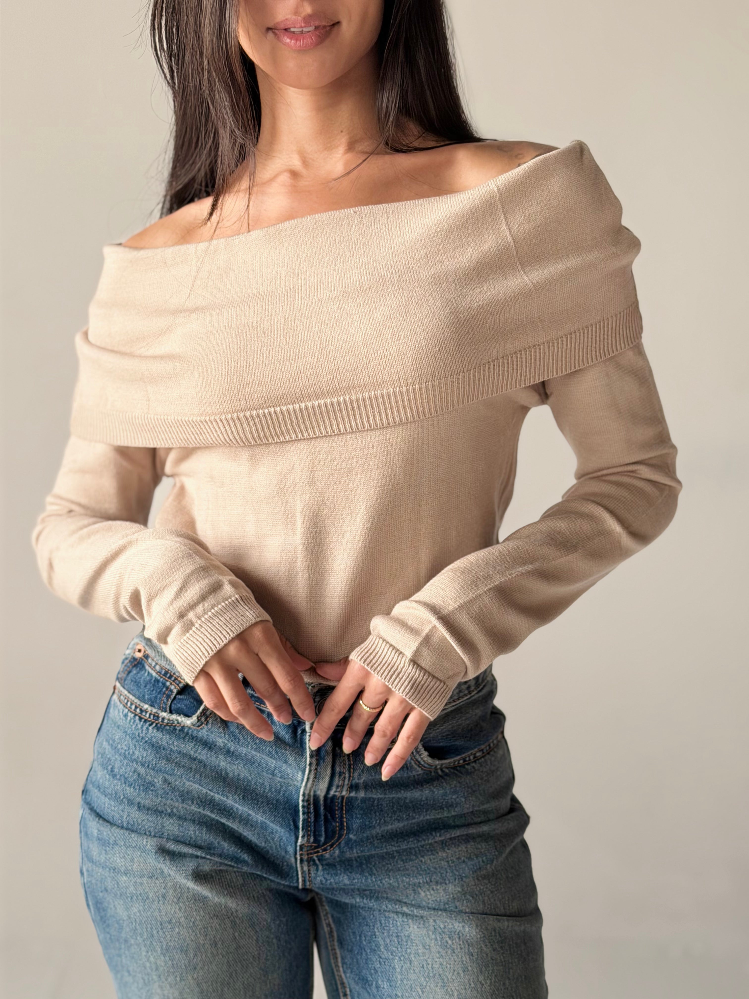 Off-Shoulder Sweater in Beige