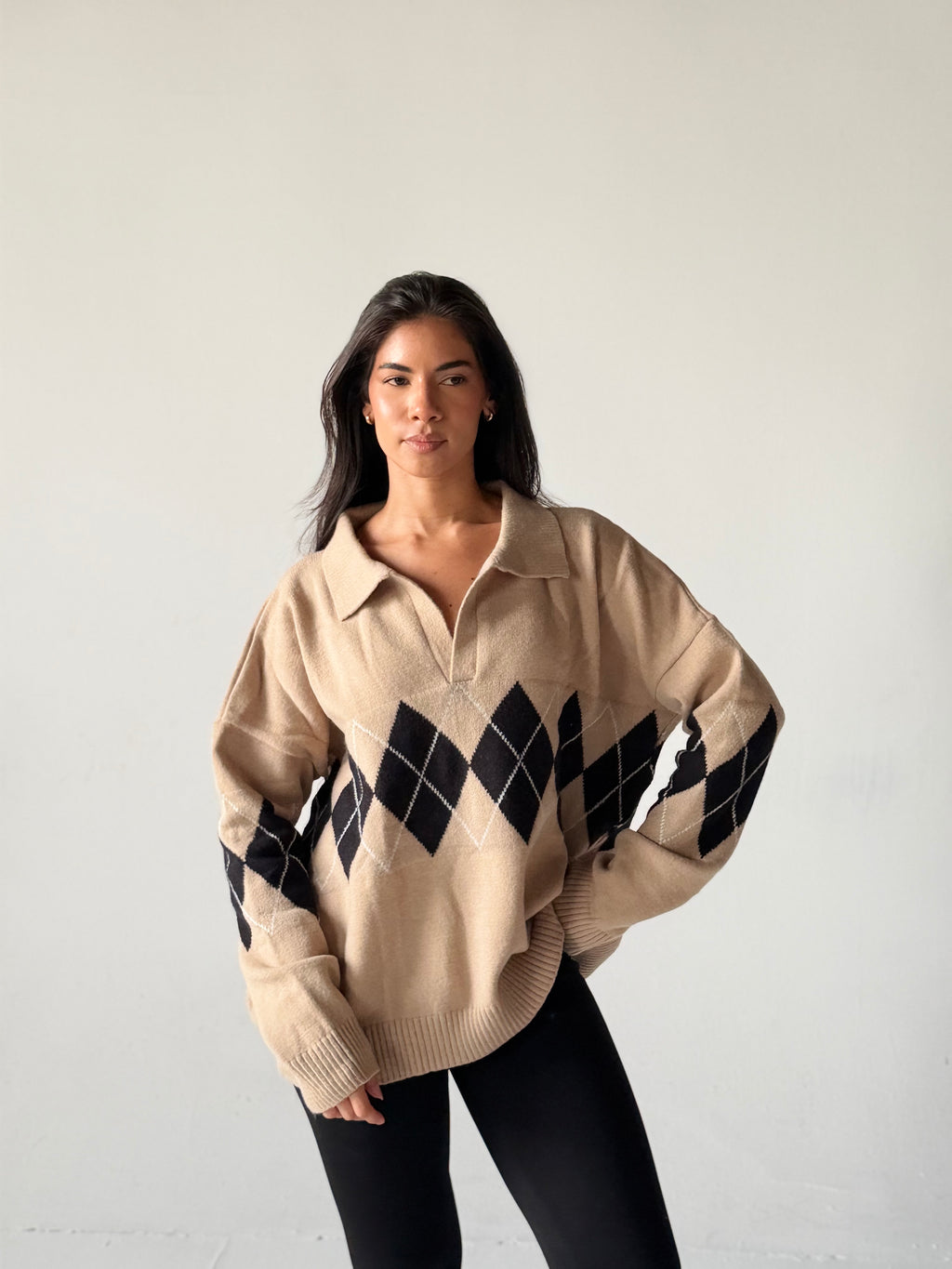 Argyle oversized Polo Sweater in Beige