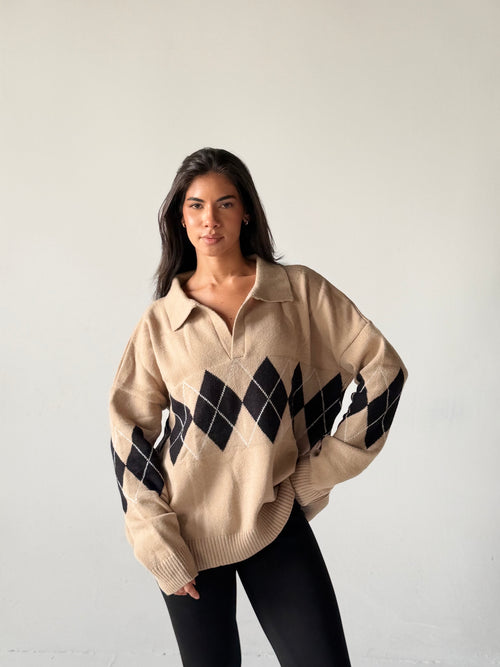 Argyle oversized Polo Sweater in Beige
