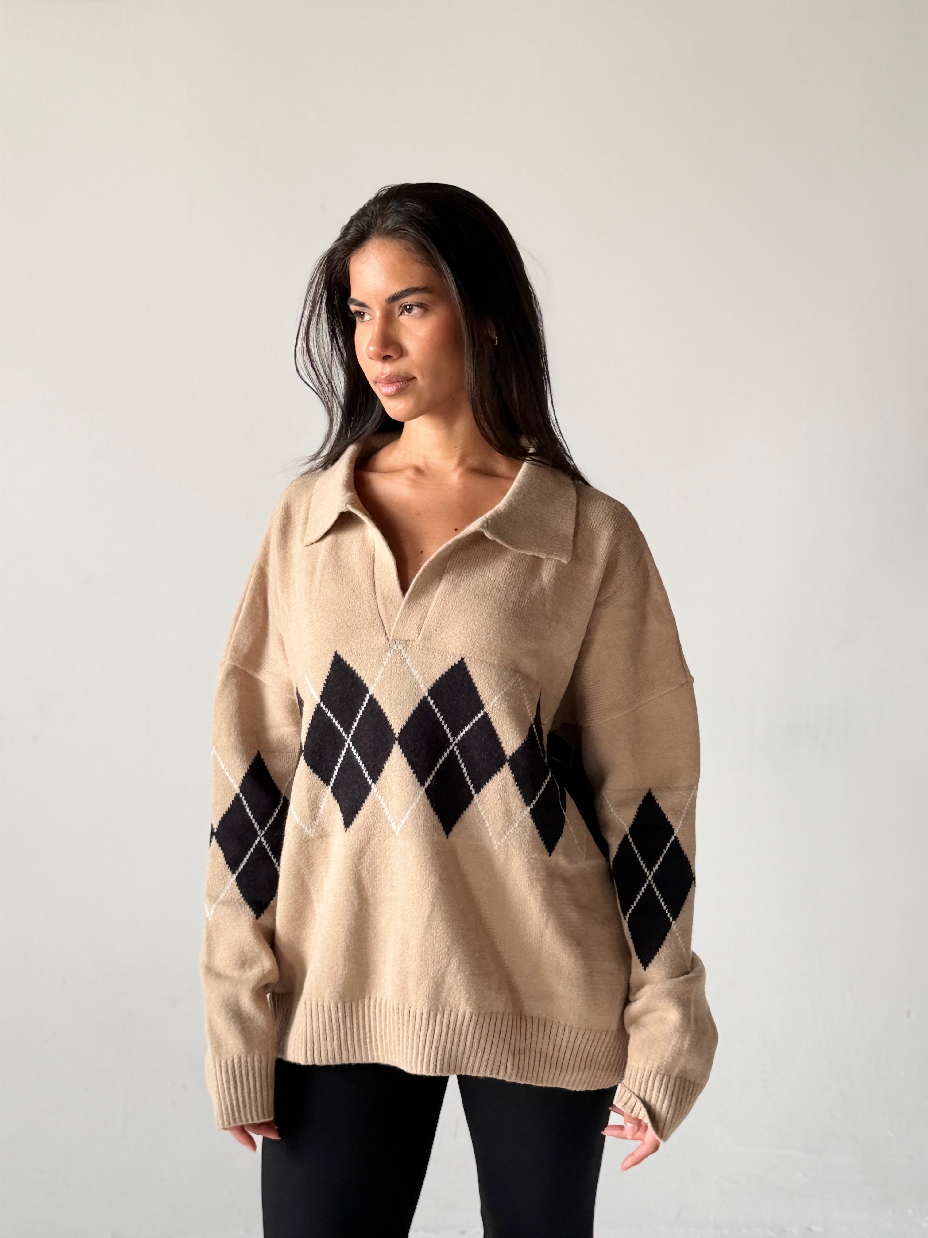 Argyle oversized Polo Sweater in Beige