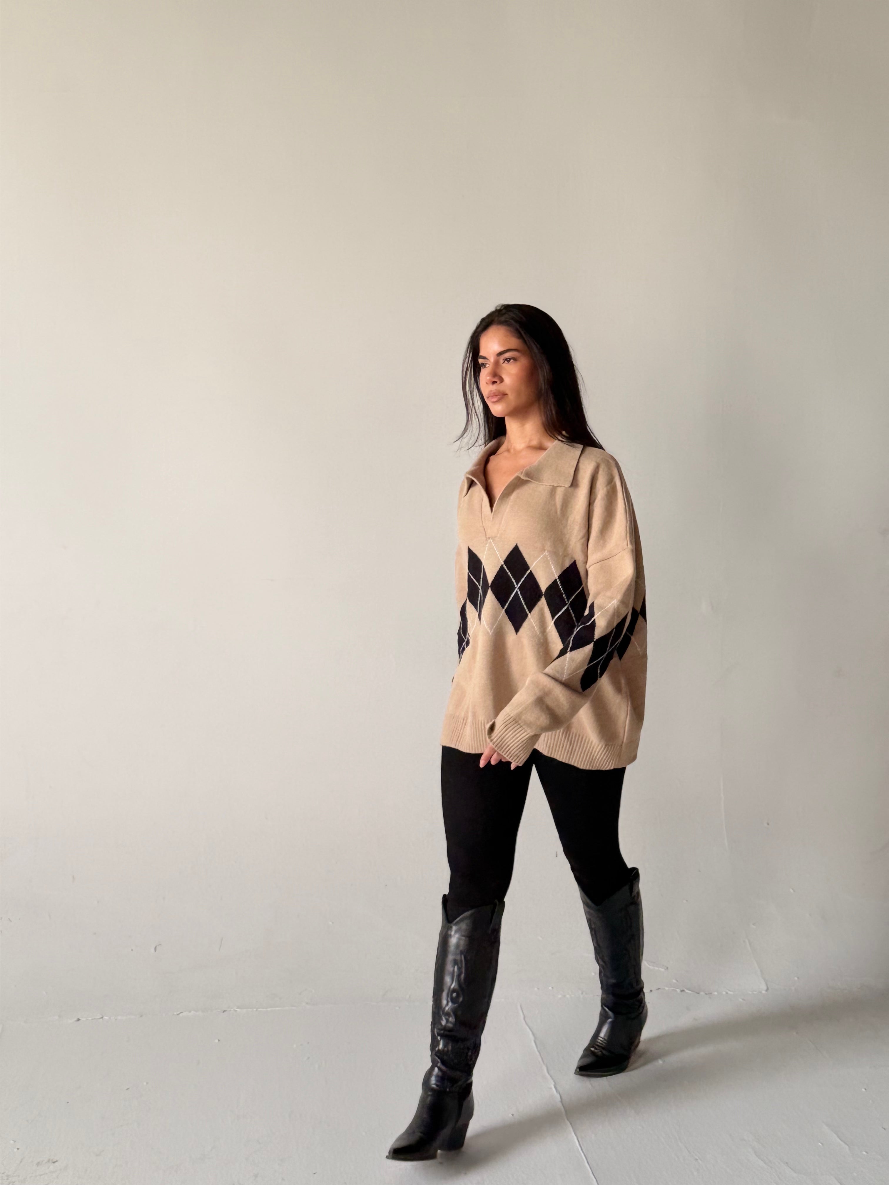 Argyle oversized Polo Sweater in Beige