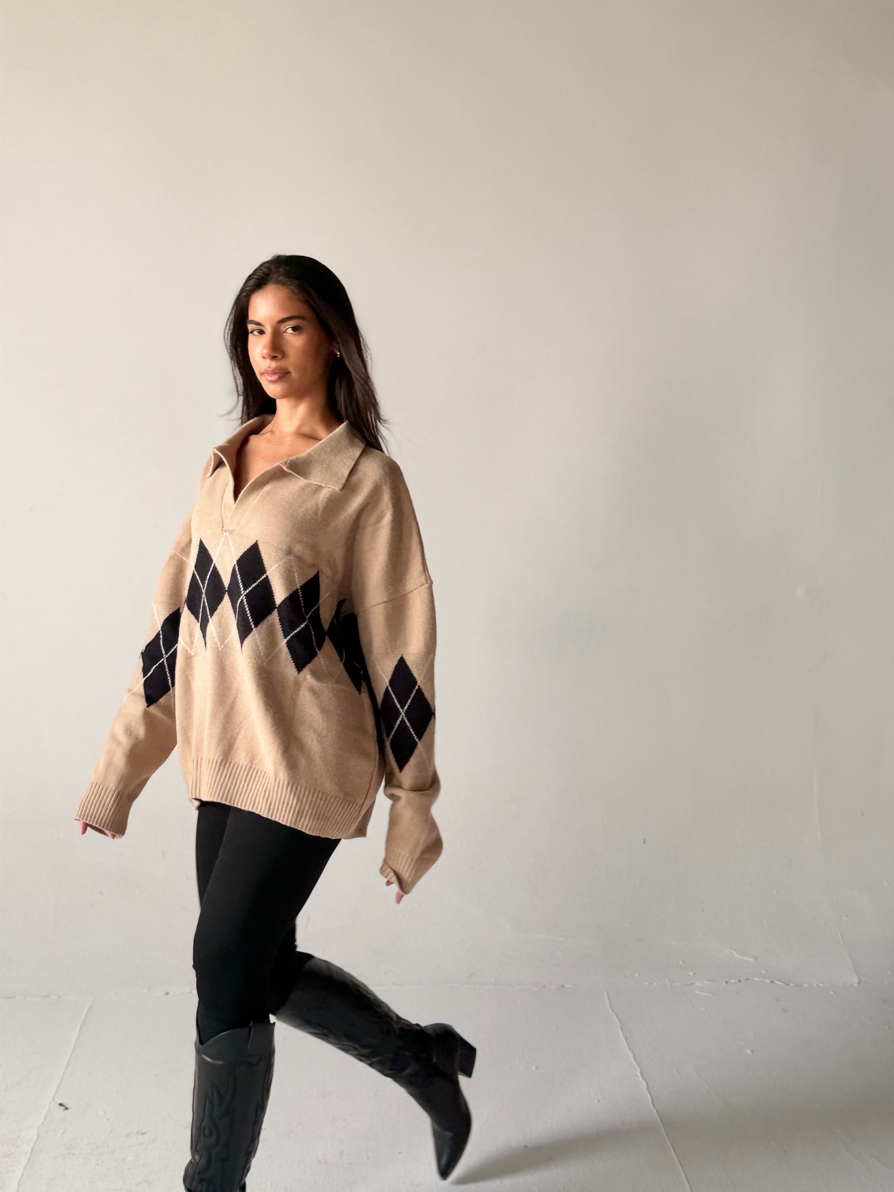 Argyle oversized Polo Sweater in Beige