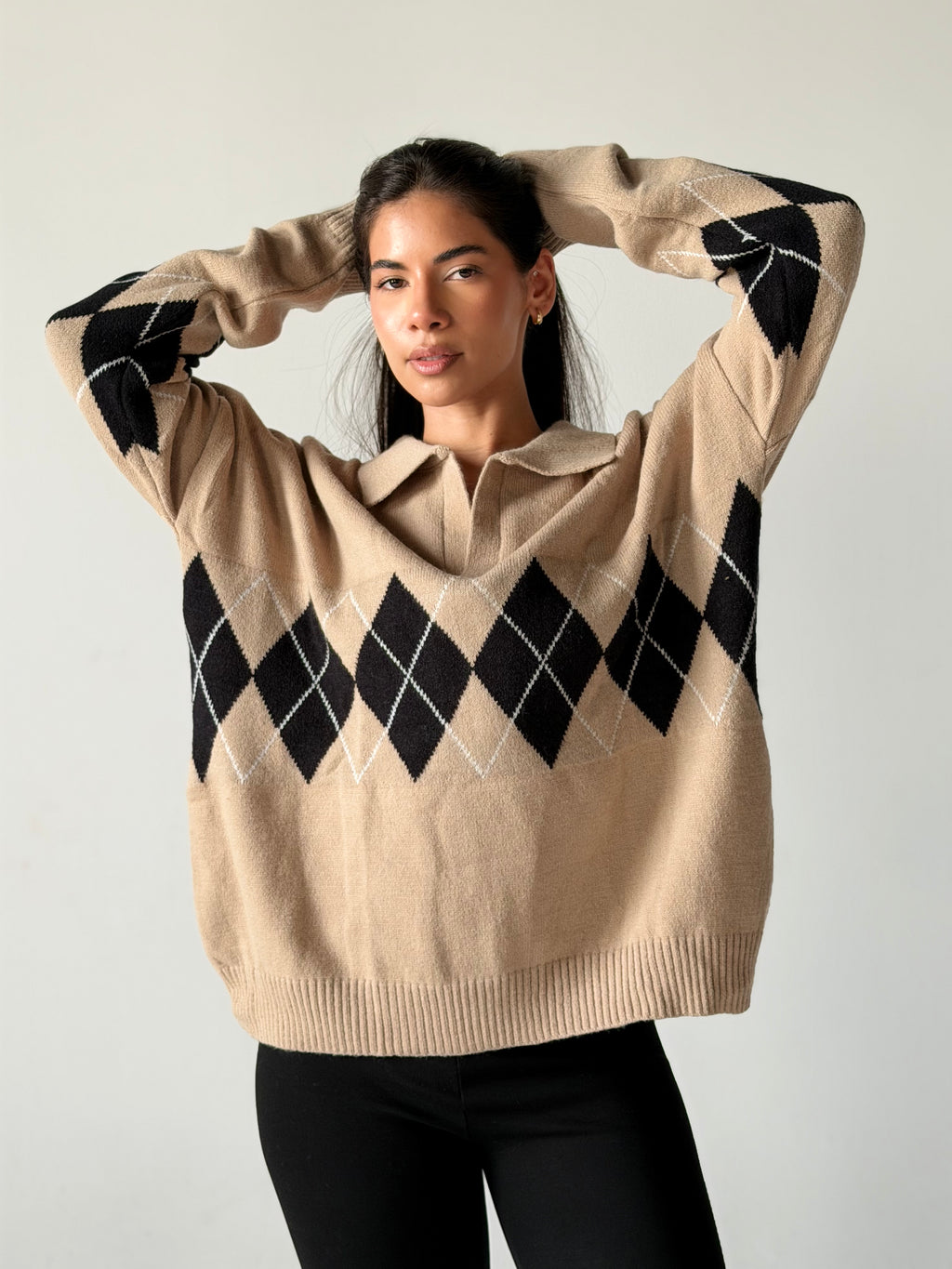 Argyle oversized Polo Sweater in Beige