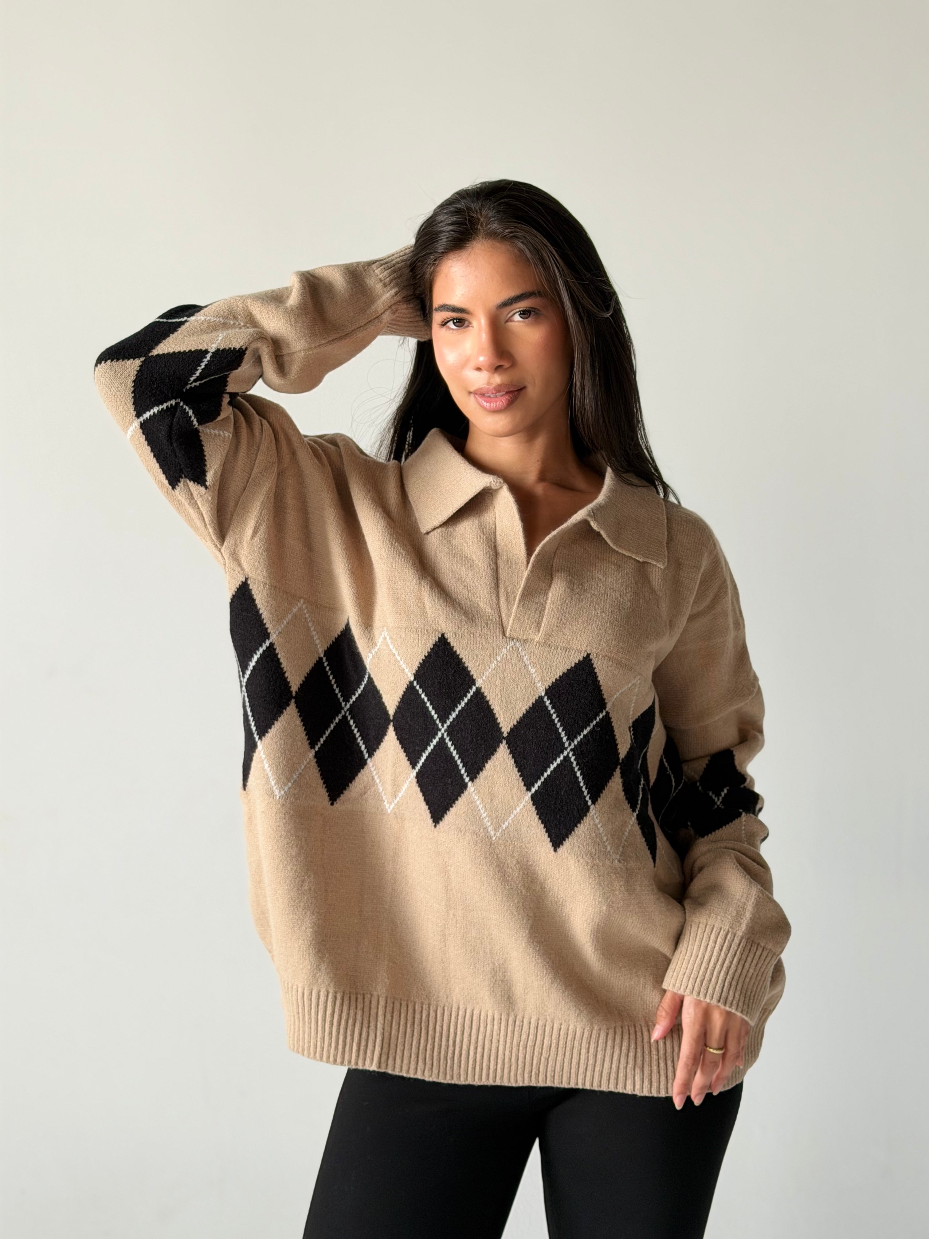 Argyle oversized Polo Sweater in Beige