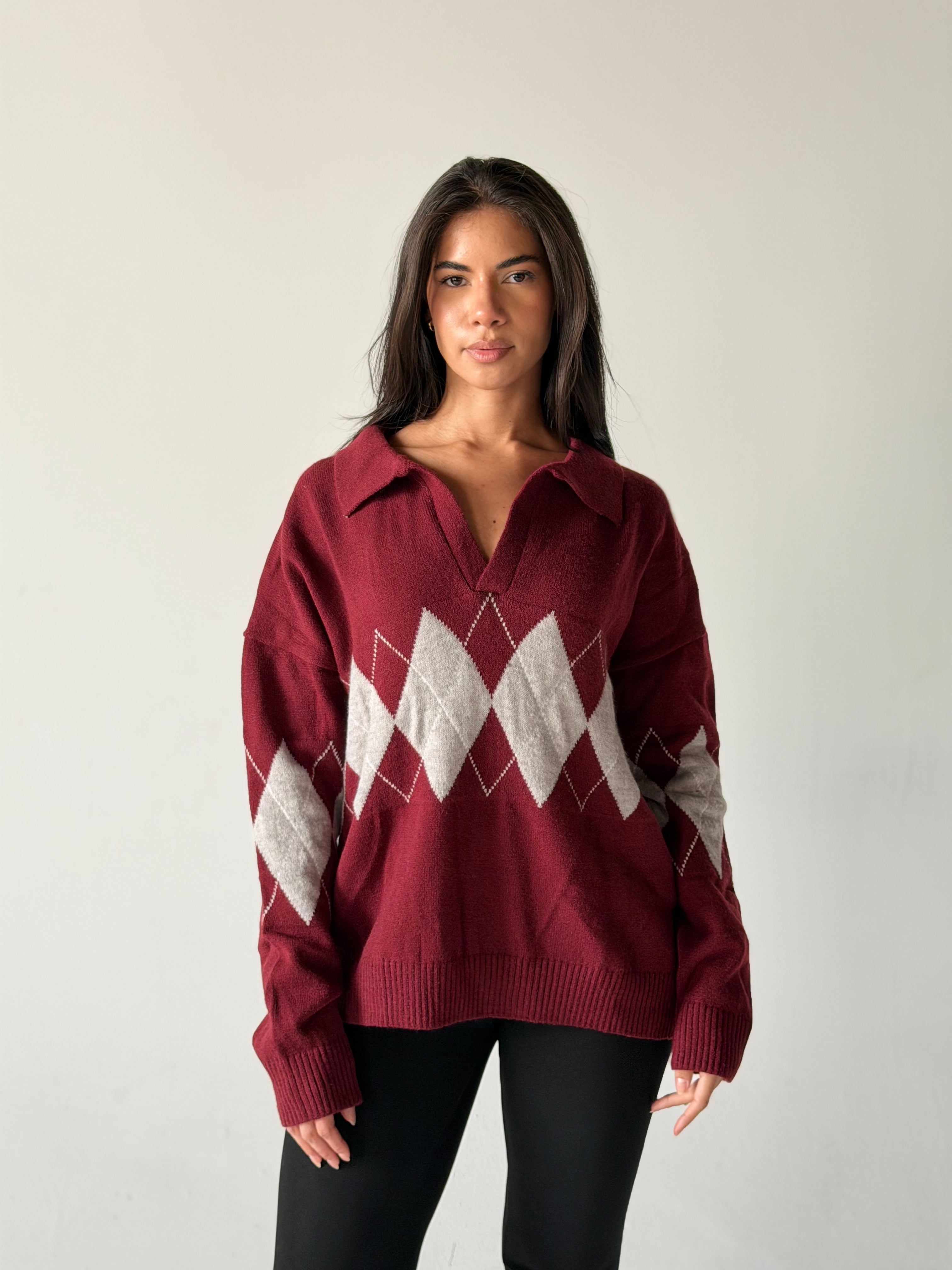 Argyle oversized Polo Sweater in Dark Red