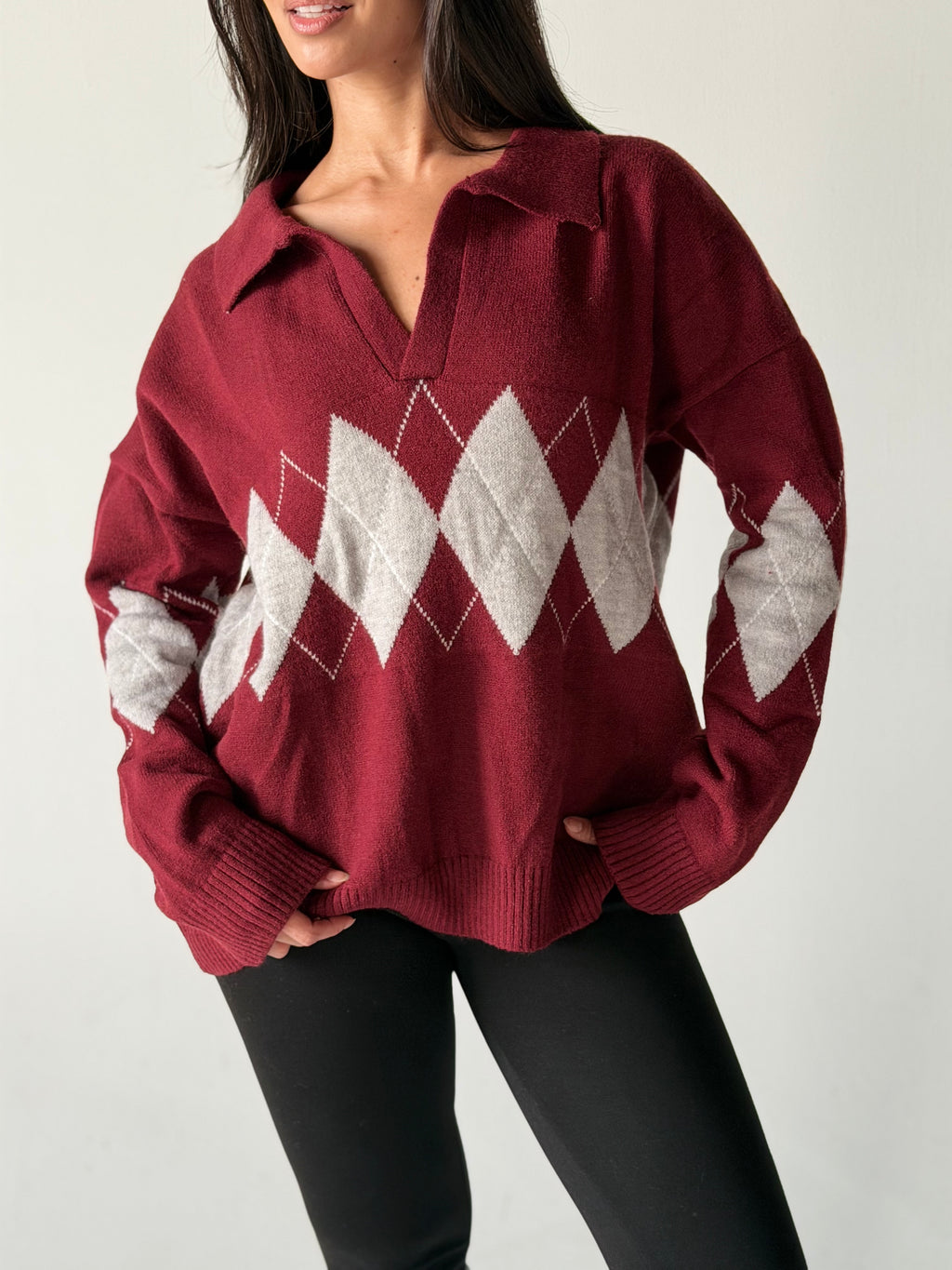 Argyle oversized Polo Sweater in Dark Red