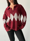 Argyle oversized Polo Sweater in Dark Red