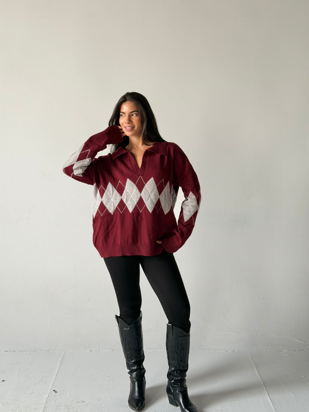 Argyle oversized Polo Sweater in Dark Red