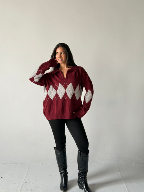 Argyle oversized Polo Sweater in Dark Red