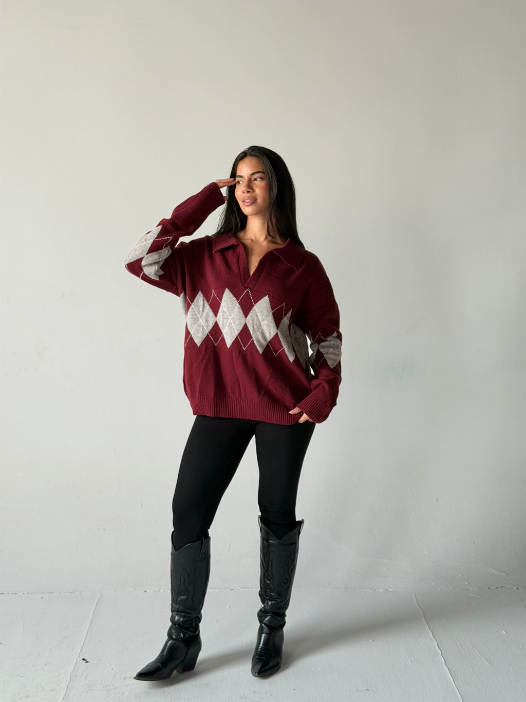 Argyle oversized Polo Sweater in Dark Red