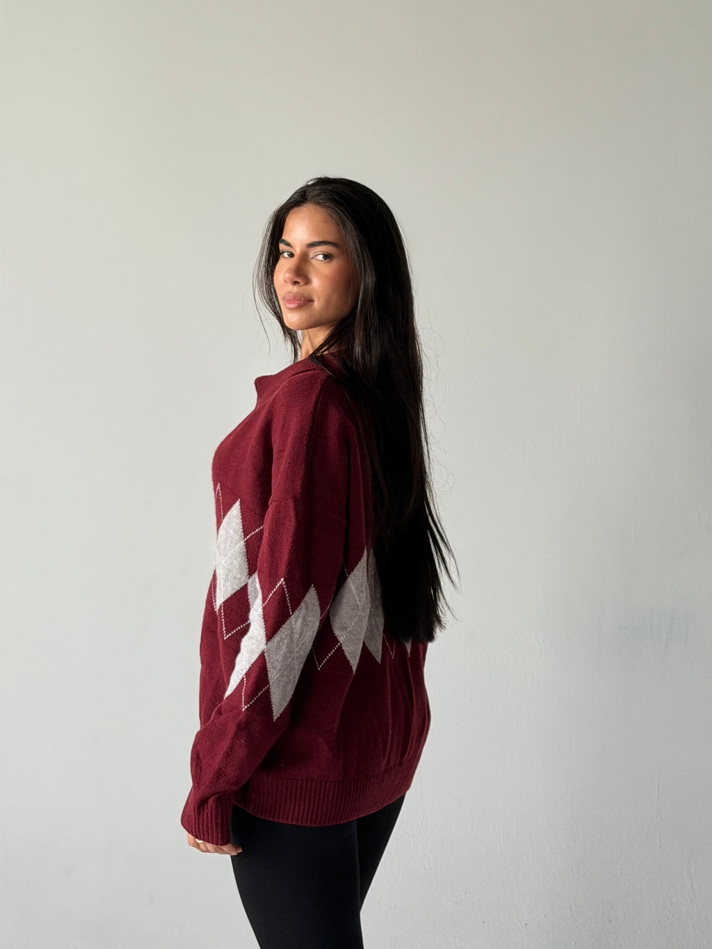 Argyle oversized Polo Sweater in Dark Red