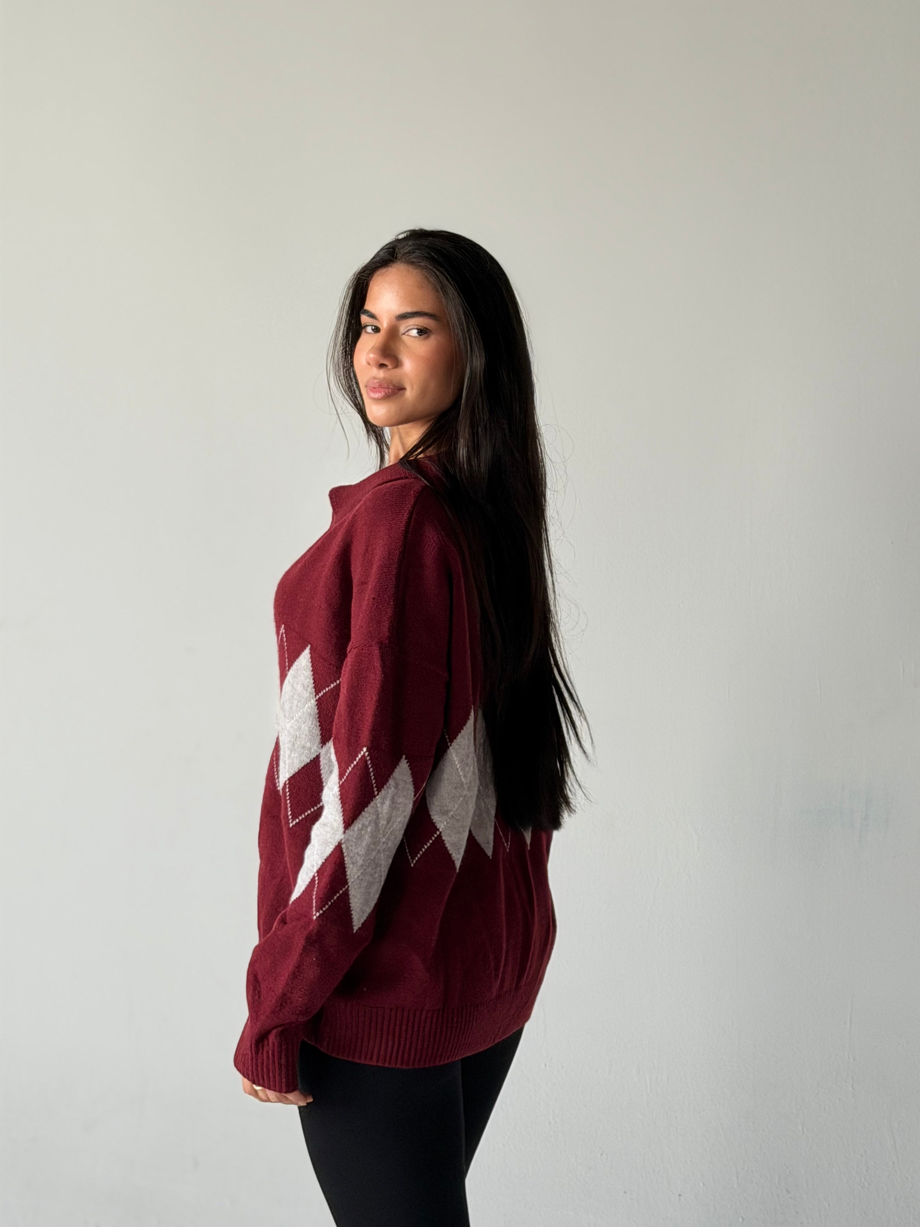 Argyle oversized Polo Sweater in Dark Red