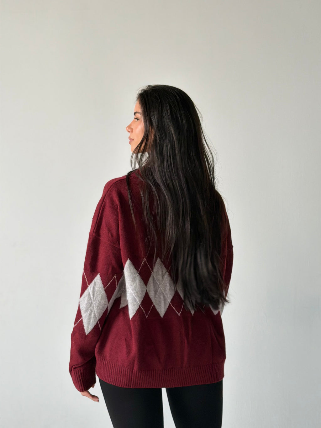 Argyle oversized Polo Sweater in Dark Red