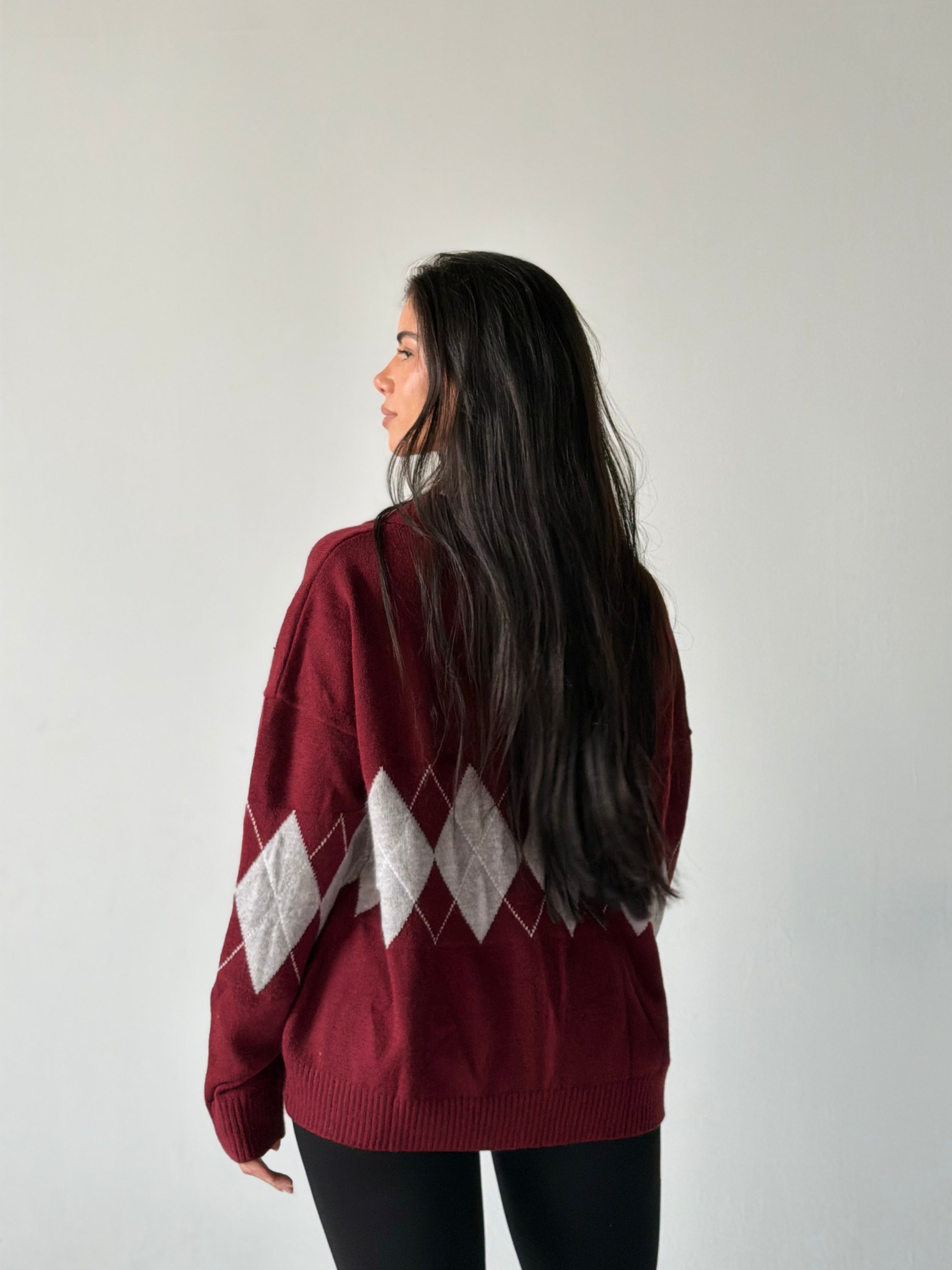 Argyle oversized Polo Sweater in Dark Red