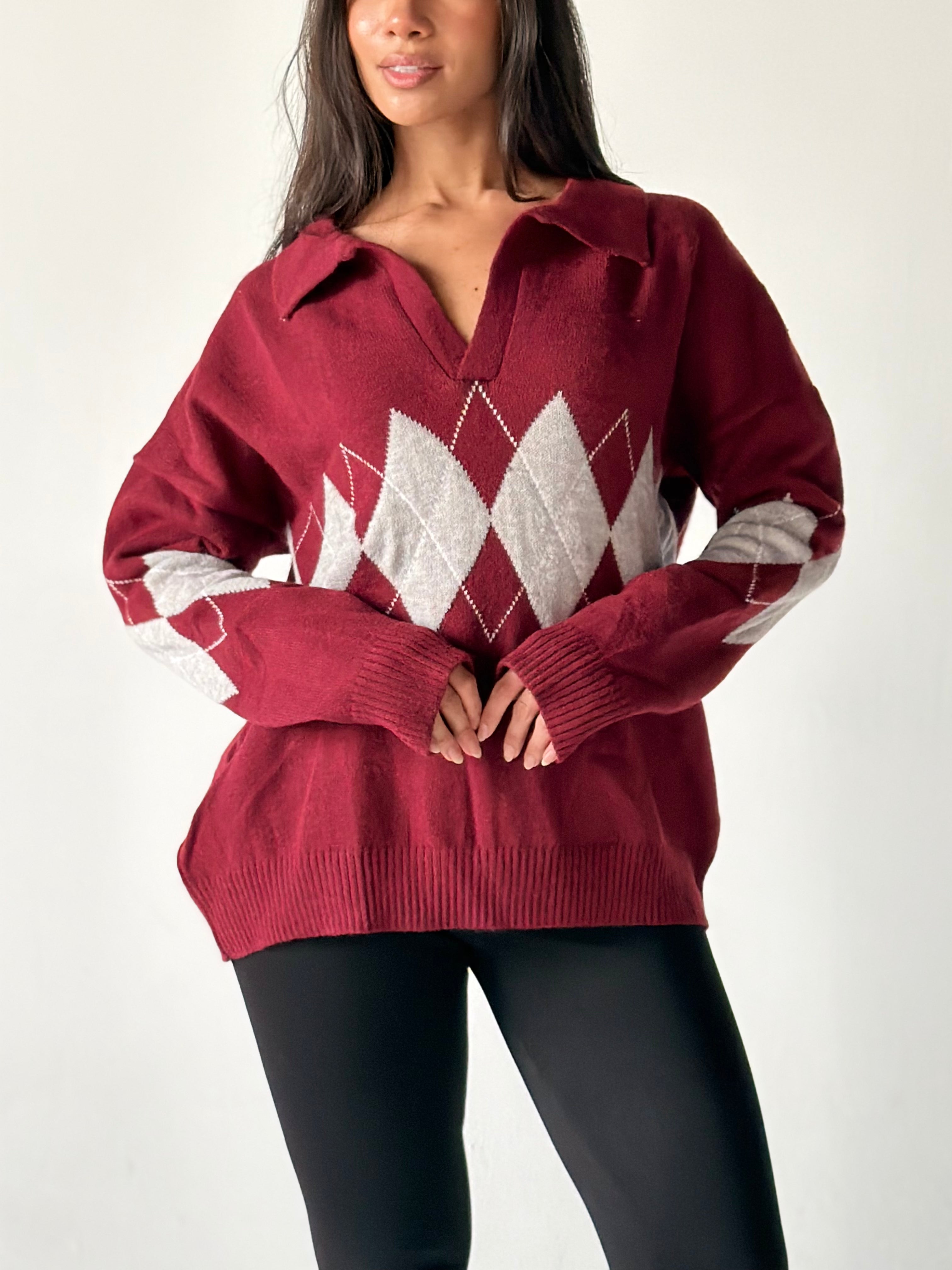 Argyle oversized Polo Sweater in Dark Red
