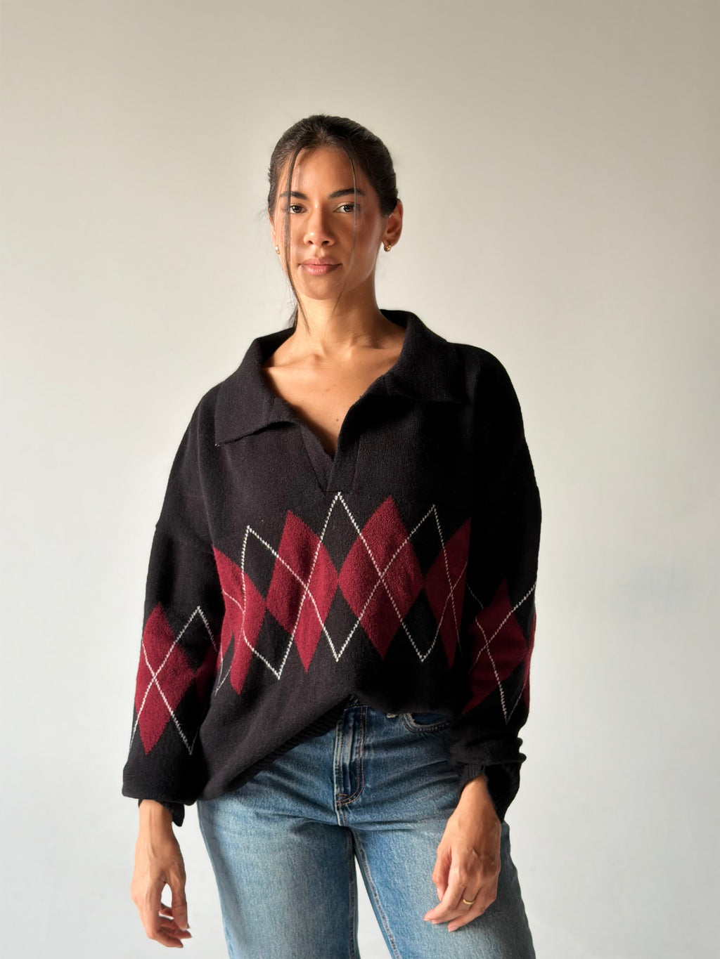 Argyle oversized Polo Sweater in Black