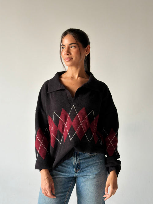 Argyle oversized Polo Sweater in Black