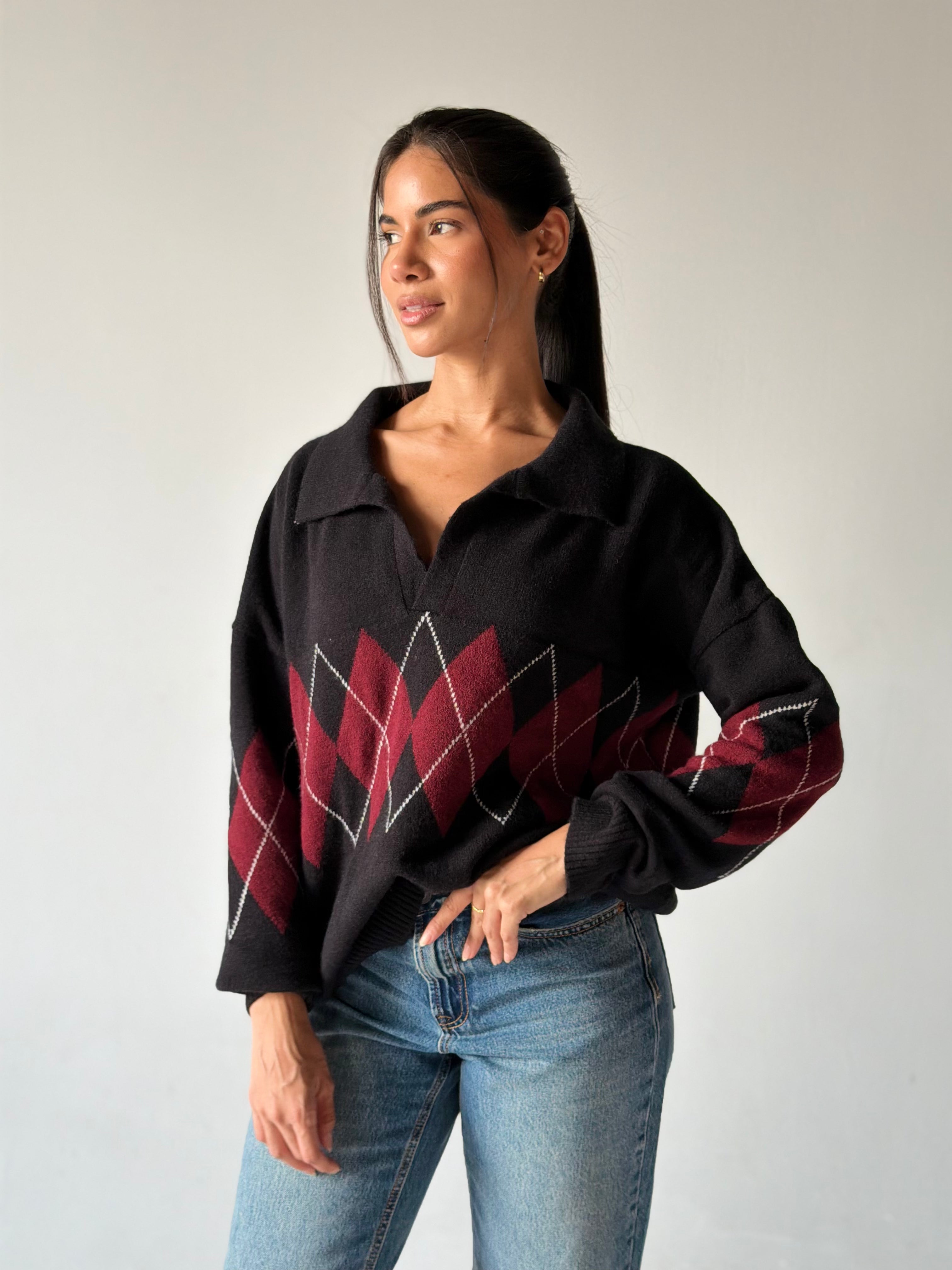 Argyle oversized Polo Sweater in Black