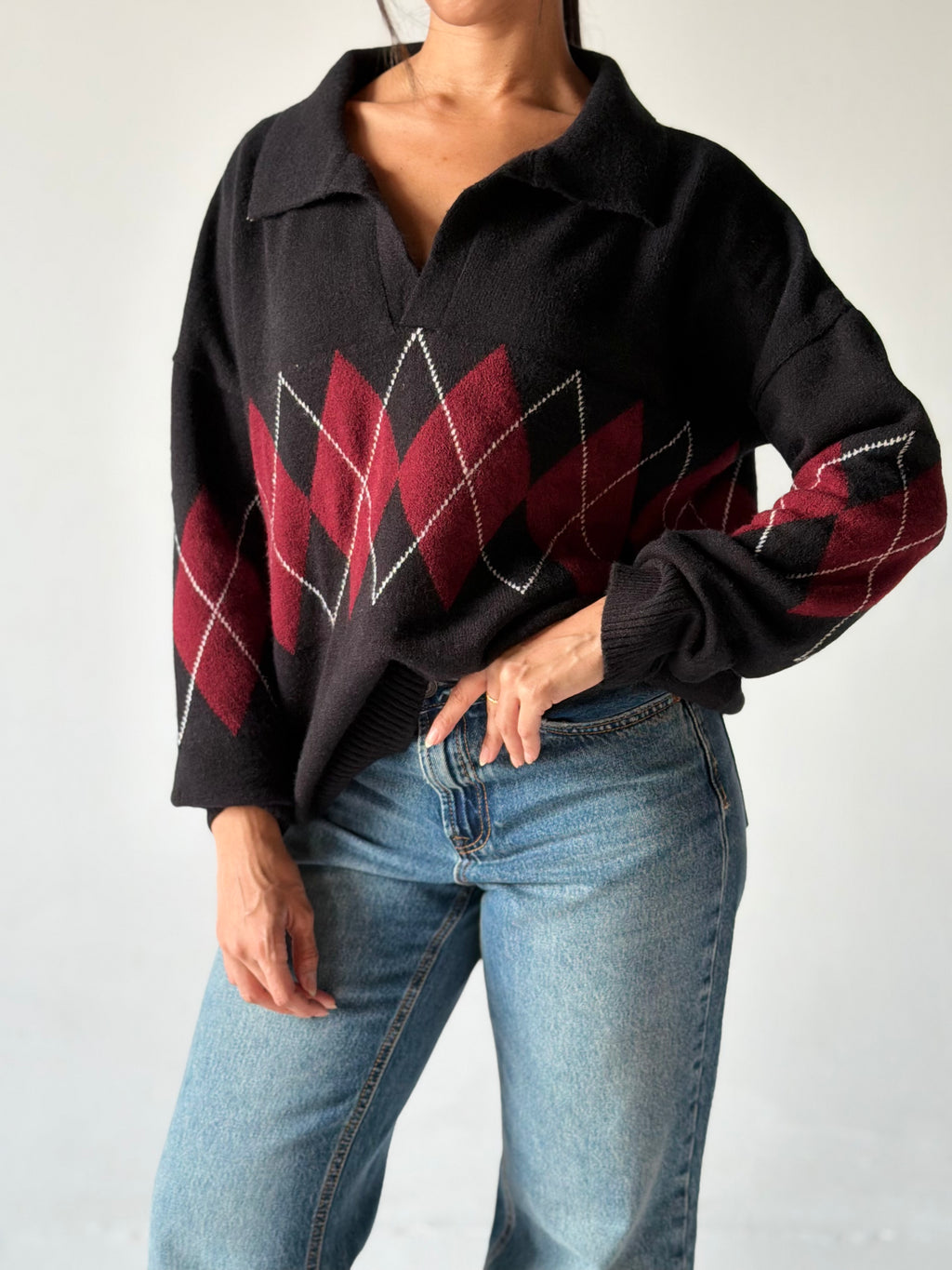 Argyle oversized Polo Sweater in Black