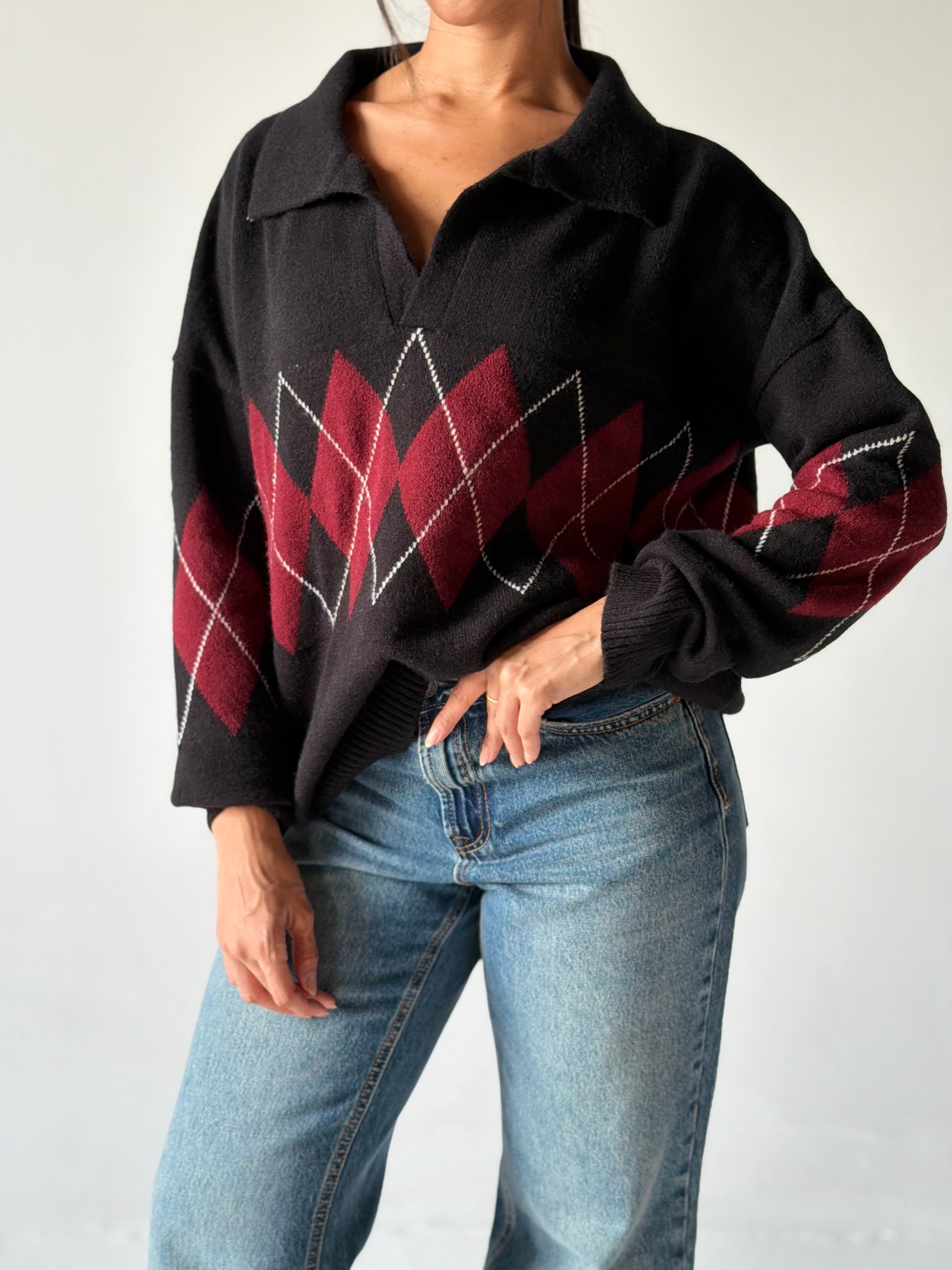 Argyle oversized Polo Sweater in Black