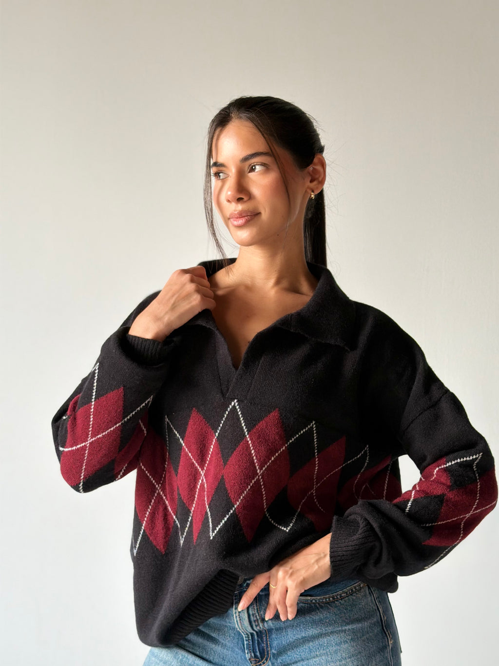 Argyle oversized Polo Sweater in Black