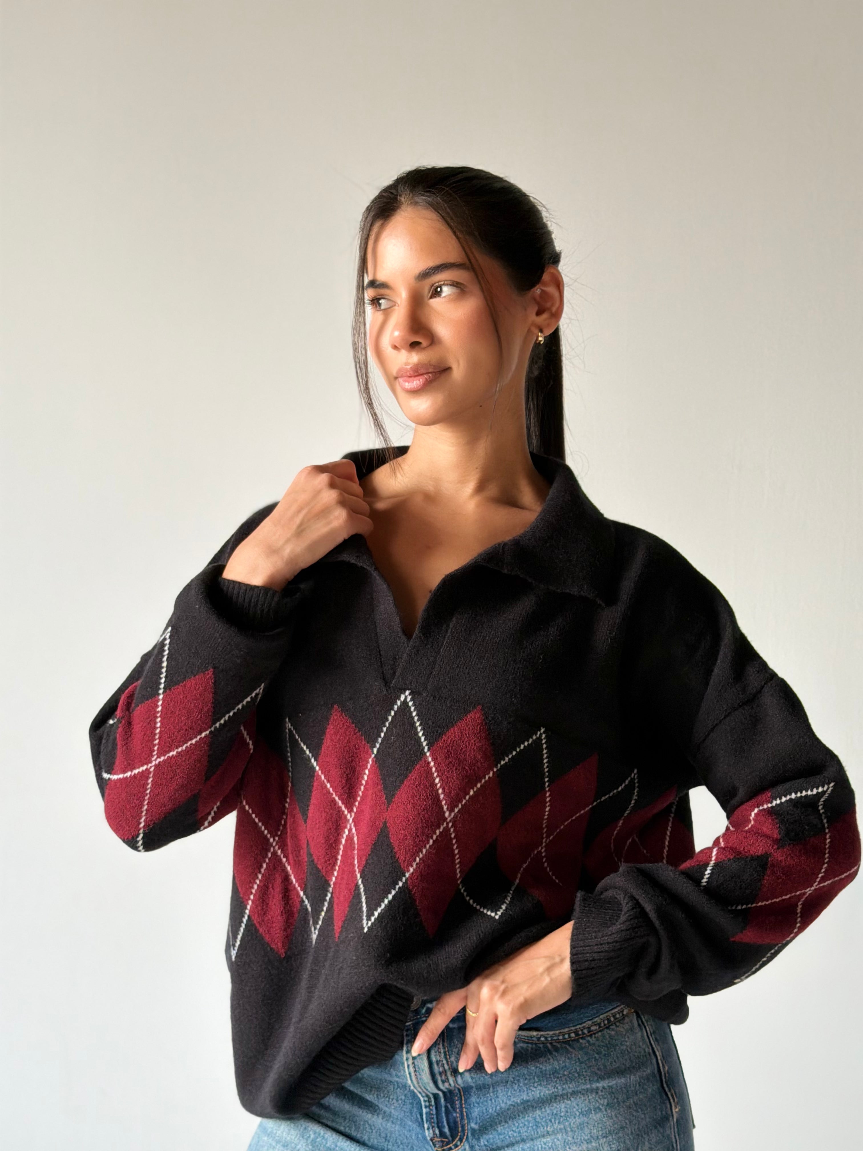 Argyle oversized Polo Sweater in Black