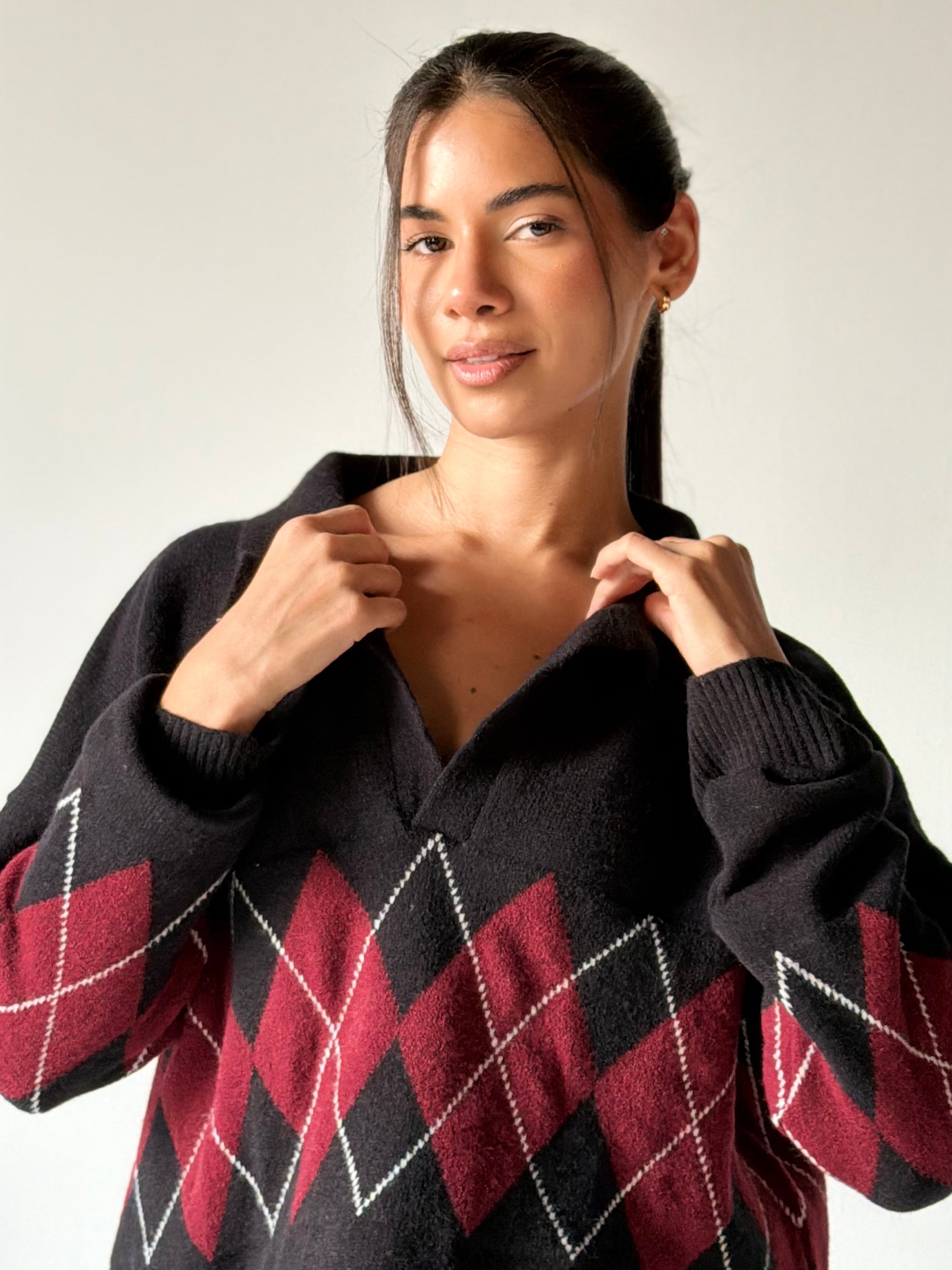 Argyle oversized Polo Sweater in Black
