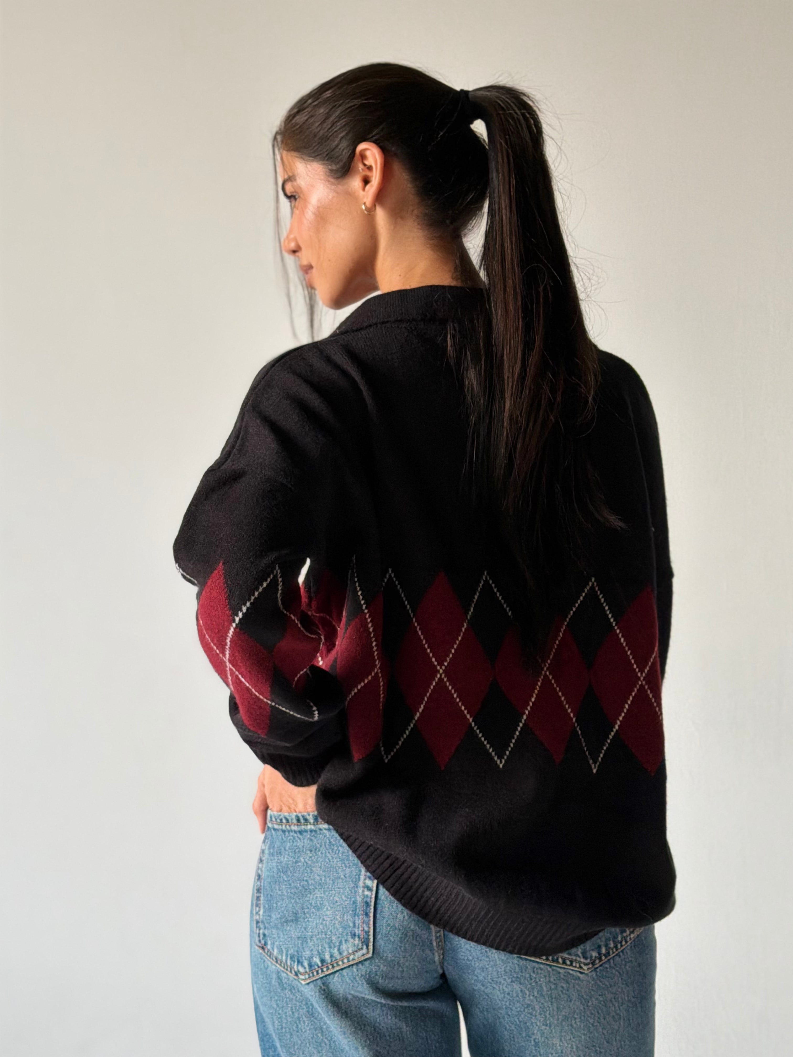 Argyle oversized Polo Sweater in Black